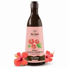 Nat Habit. Hibiscus Navdha Shampoo for Hair Growth, Fermented Soy Gentle Cleanser for Long Thick Hair | Natural Shampoo for Oily Scalp with Amla For Women & Men, Sulfate Free| 8.45 Fl Oz