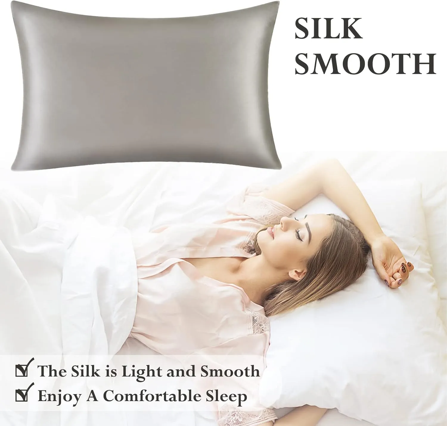 Natural 19 Momme Mulberry Silk Pillowcase for Hair and Skin - Grey Queen 20''x30'' - Washable With Zipper - 100% Silk Pillow Cover - Valentine's Day Gift for Girlfriend Wife