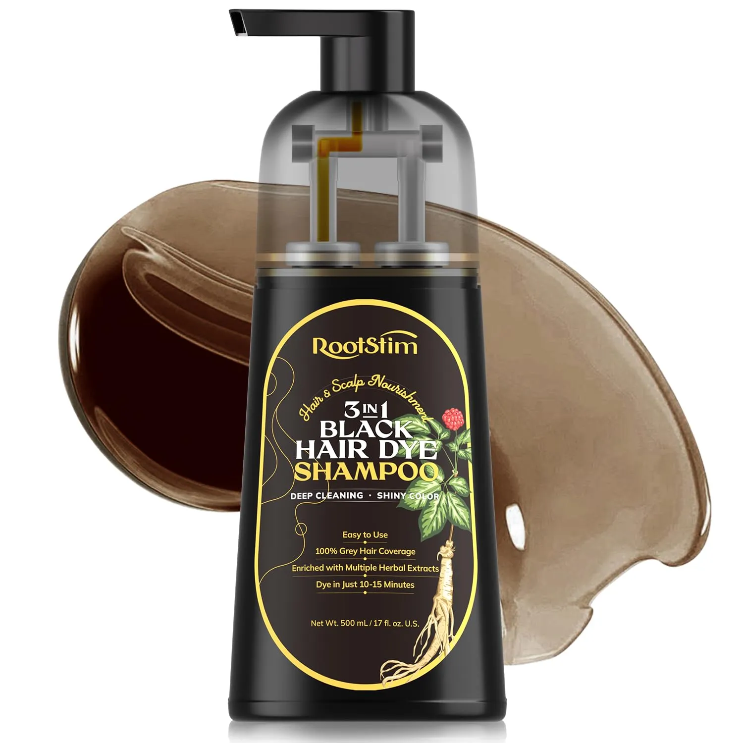 Natural Black Hair Dye Shampoo: Gray Hair Coverage in Minutes - Herbal Ingredients Hair Color Shampoo for Women Men 17 Fl Oz