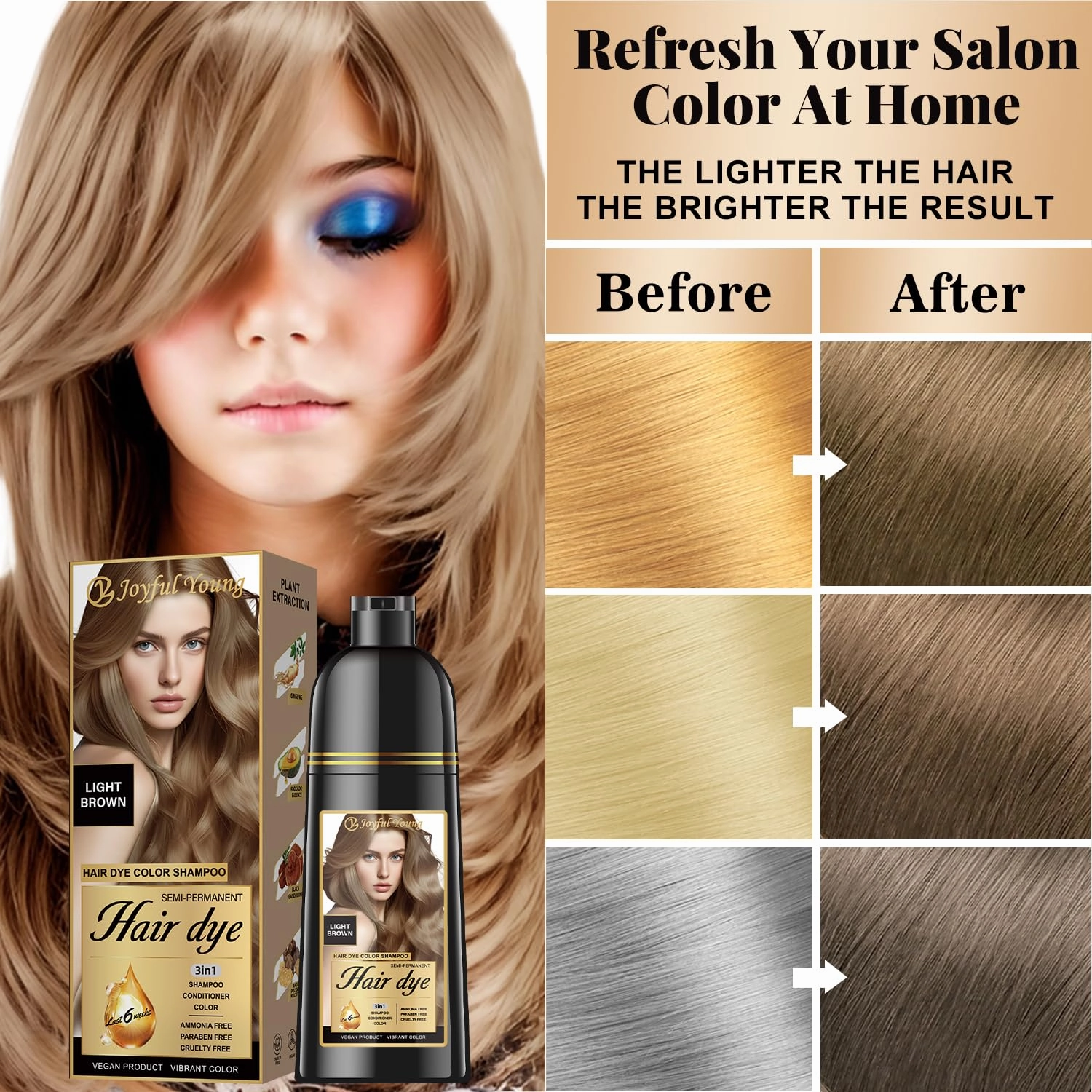 Natural 3-in-1 Hair Dye Shampoo for Women & Men, Gray Hair Coverage & Beard Dye, Plant-Based Vegan, Ammonia & Paraben-Free (LIGHT BROWN)