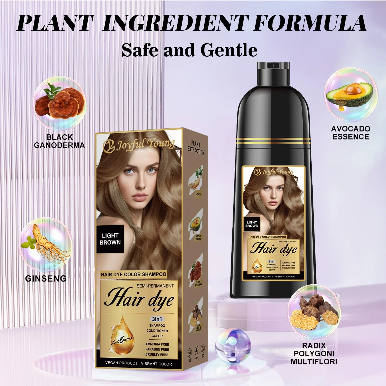Natural 3-in-1 Hair Dye Shampoo for Women & Men, Gray Hair Coverage & Beard Dye, Plant-Based Vegan, Ammonia & Paraben-Free (LIGHT BROWN)