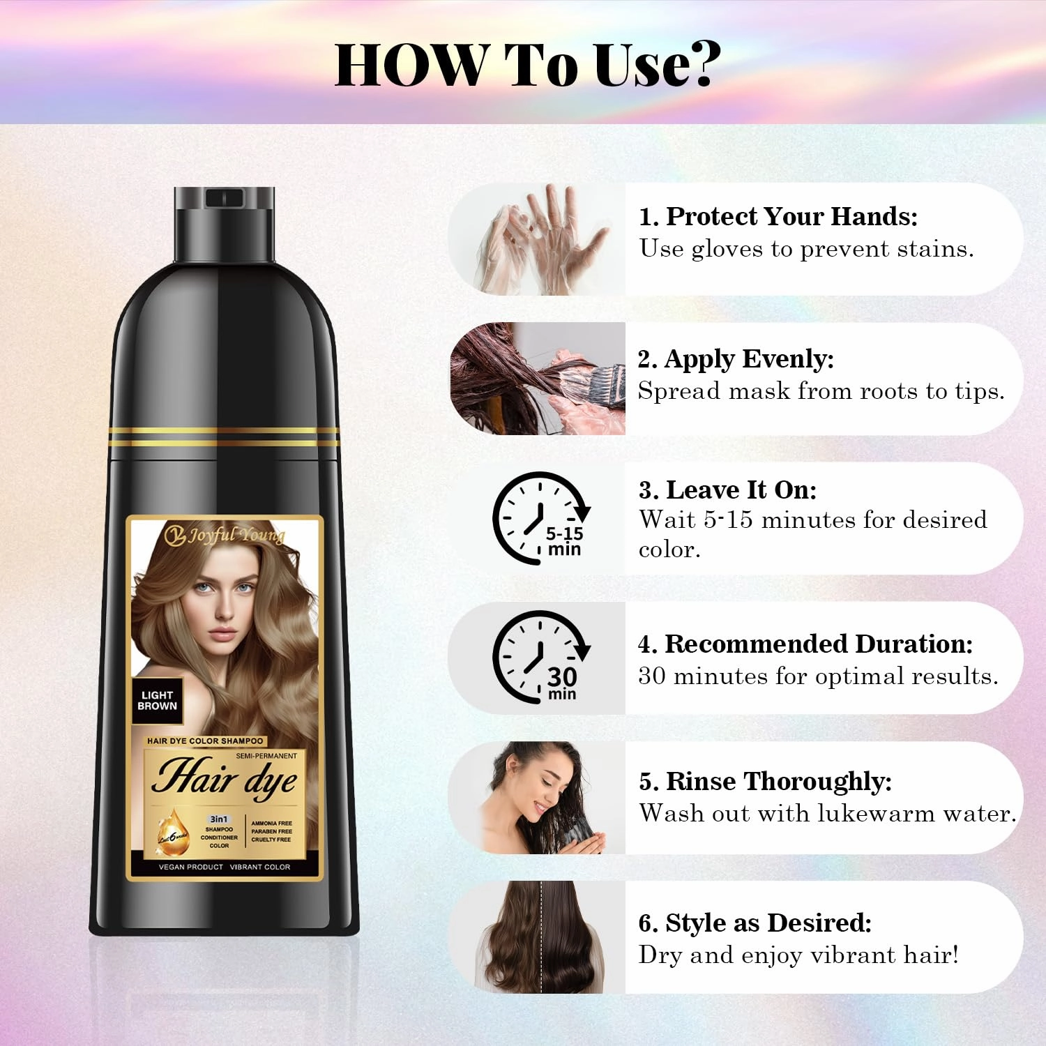 Natural 3-in-1 Hair Dye Shampoo for Women & Men, Gray Hair Coverage & Beard Dye, Plant-Based Vegan, Ammonia & Paraben-Free (LIGHT BROWN)