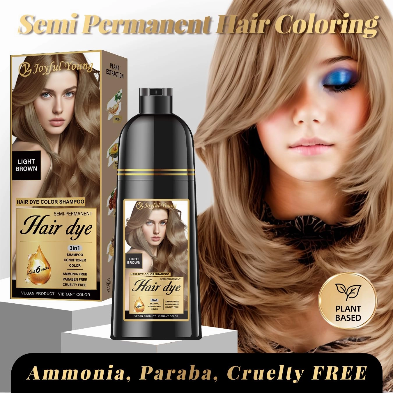 Natural 3-in-1 Hair Dye Shampoo for Women & Men, Gray Hair Coverage & Beard Dye, Plant-Based Vegan, Ammonia & Paraben-Free (LIGHT BROWN)