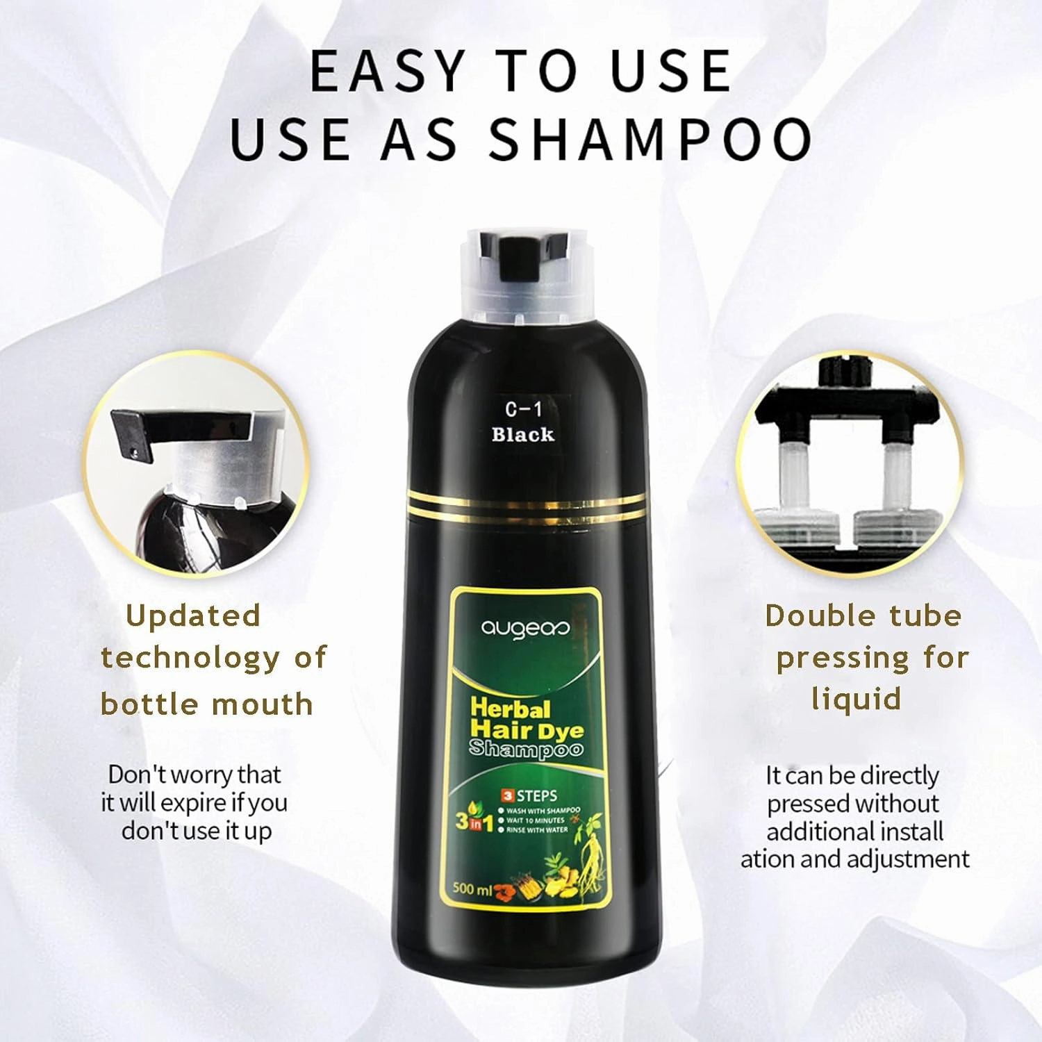 Natural Black Hair Color Shampoo for Gray Coverage, 3 in 1 Herbal Hair Shampoo for Women and Men, 500ML