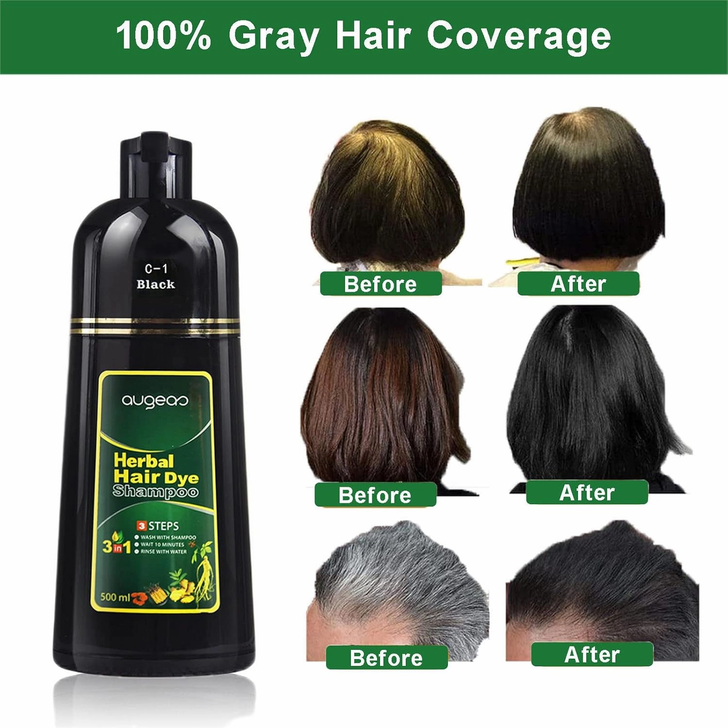 Natural Black Hair Color Shampoo for Gray Coverage, 3 in 1 Herbal Hair Shampoo for Women and Men, 500ML