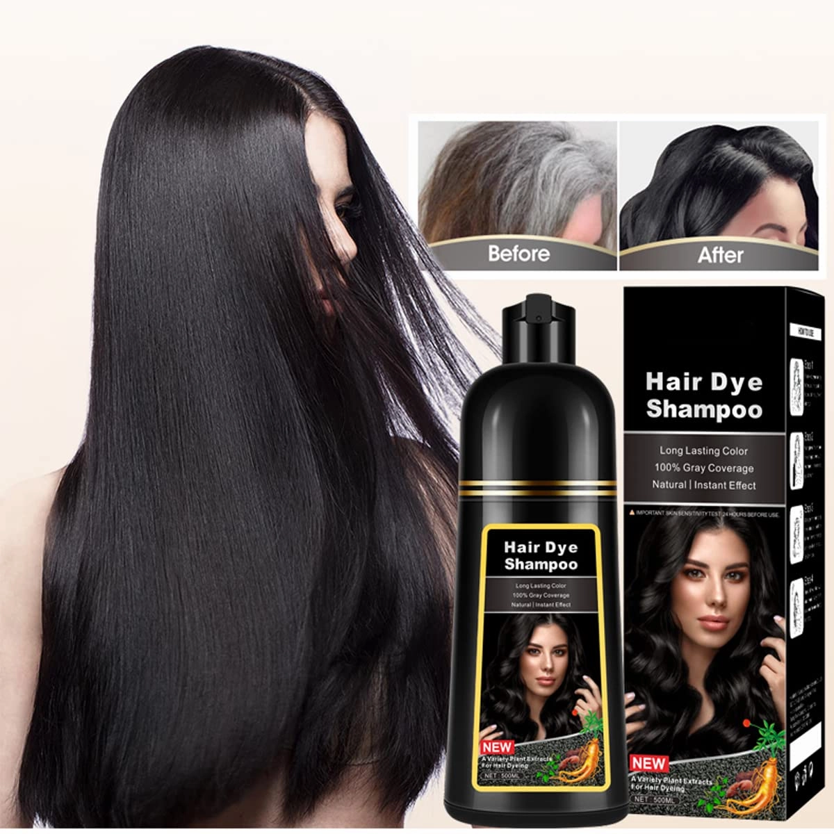 Natural Black Hair Dye Shampoo,Magic Hair Dye Shampoo,Colors Hair in 15 Minutes,Long Lasting,500 Ml,3-In-1 Hair Color