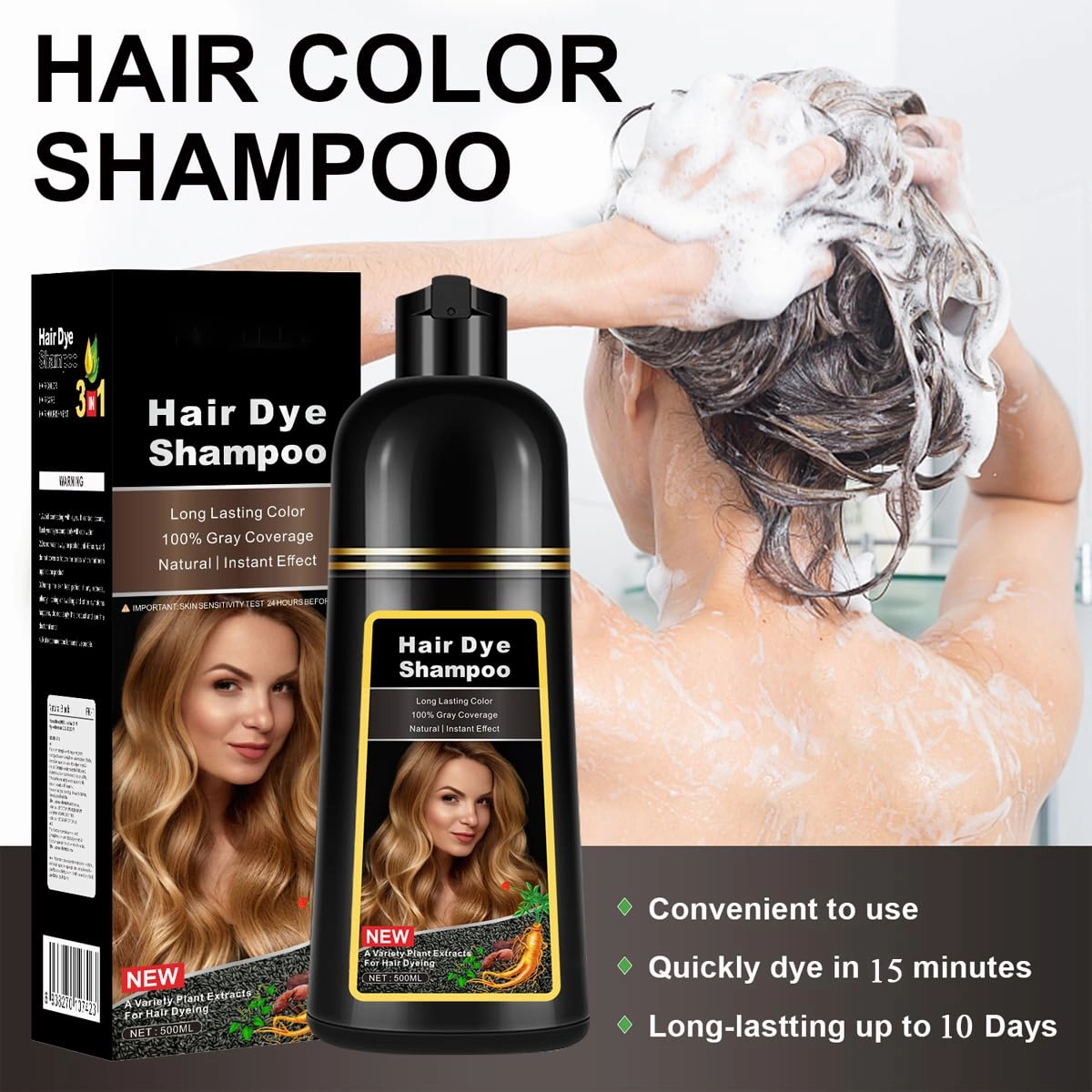 Natural Black Hair Dye Shampoo,Magic Hair Dye Shampoo,Colors Hair in 15 Minutes,Long Lasting,500 Ml,3-In-1 Hair Color