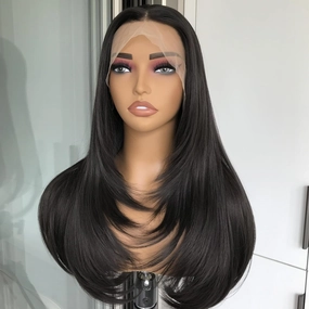 Natural Black Straight Layered Wig 13x4 Synthetic Lace Front Wig with Pre Plucked Natural Hairline Long Hair for Women Glueless Heat Resistant Fiber Lace Wigs 22inch