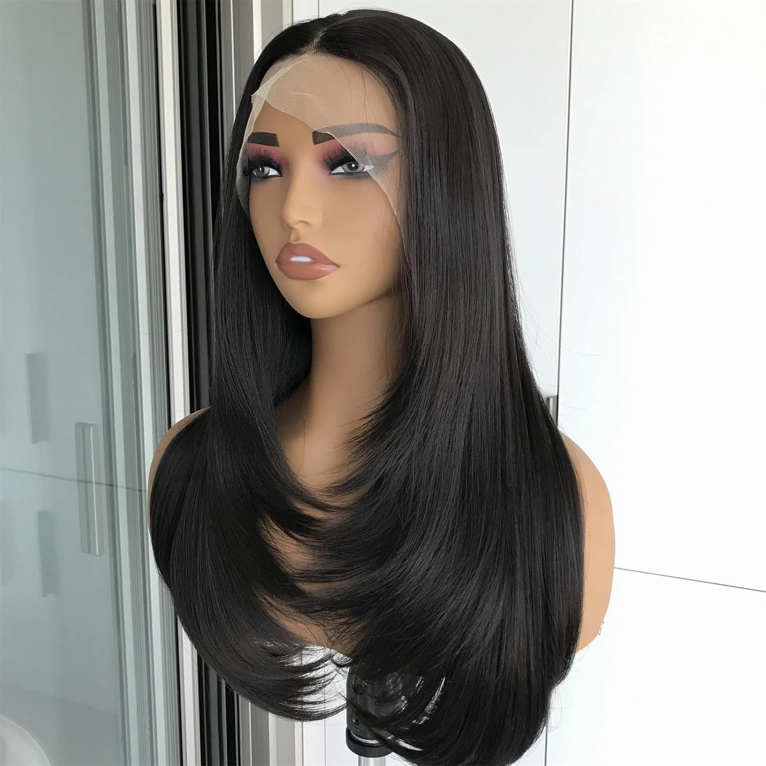 Natural Black Straight Layered Wig 13x4 Synthetic Lace Front Wig with Pre Plucked Natural Hairline Long Hair for Women Glueless Heat Resistant Fiber Lace Wigs 22inch