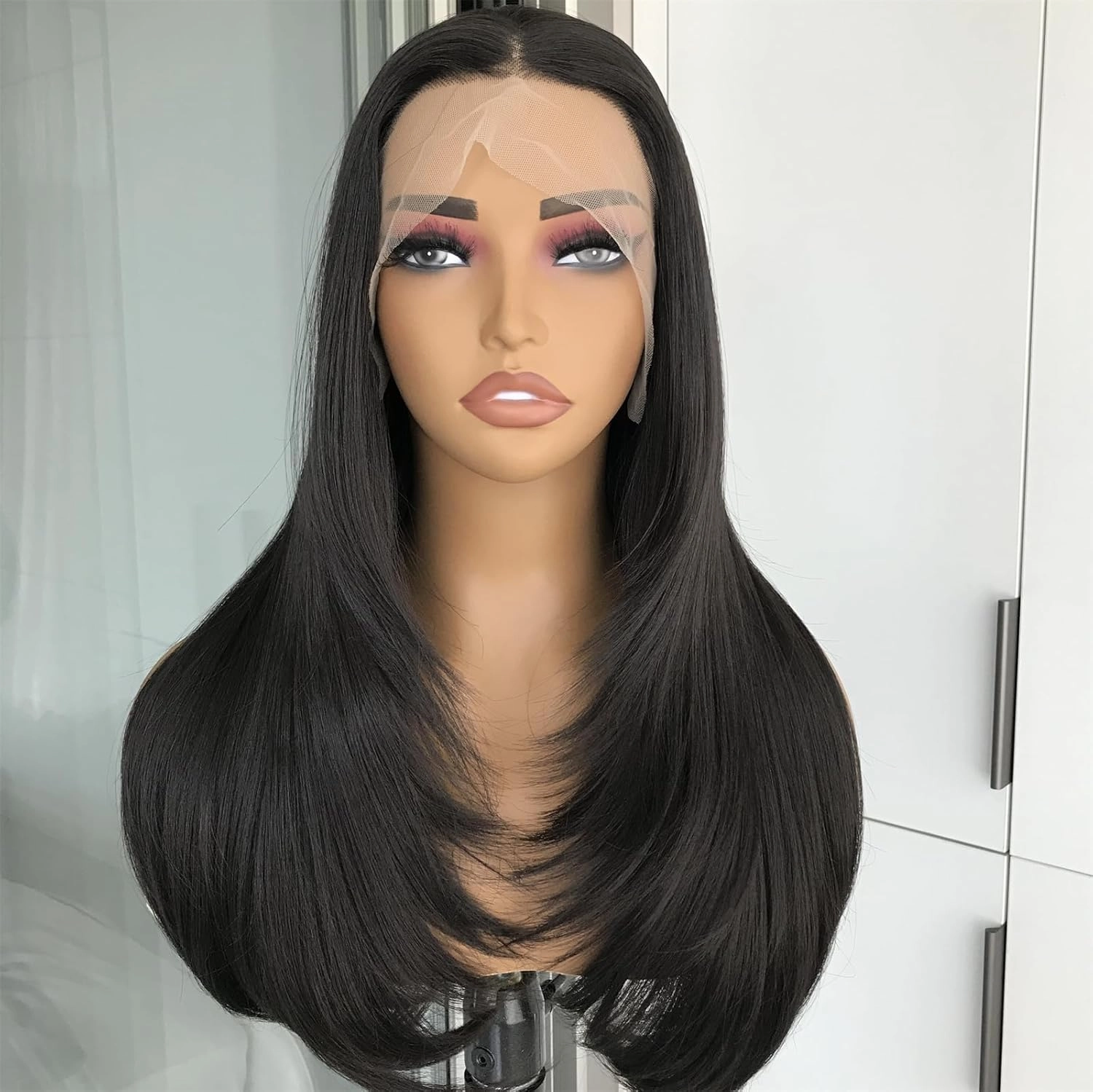 Natural Black Straight Layered Wig 13x4 Synthetic Lace Front Wig with Pre Plucked Natural Hairline Long Hair for Women Glueless Heat Resistant Fiber Lace Wigs 22inch
