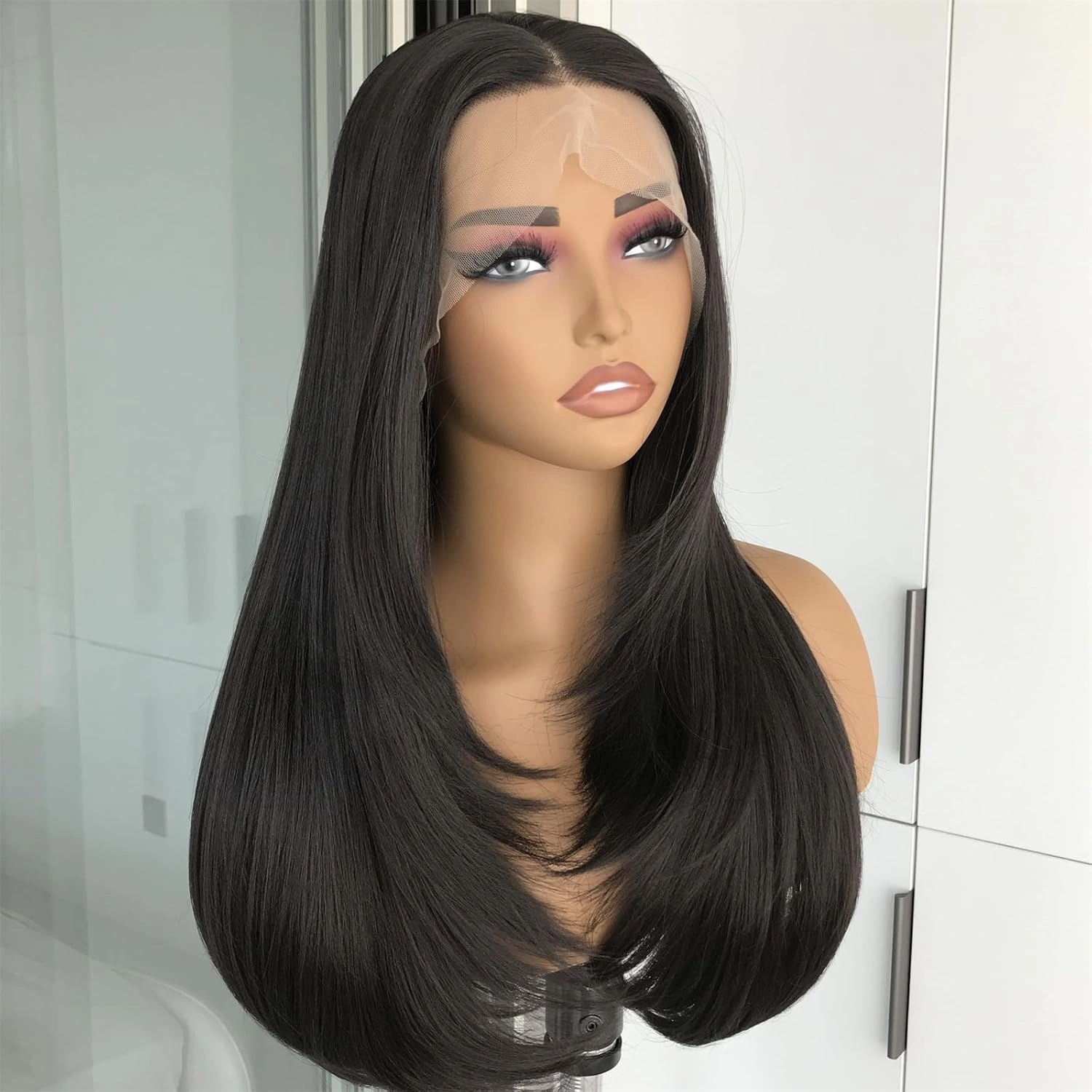 Natural Black Straight Layered Wig 13x4 Synthetic Lace Front Wig with Pre Plucked Natural Hairline Long Hair for Women Glueless Heat Resistant Fiber Lace Wigs 22inch