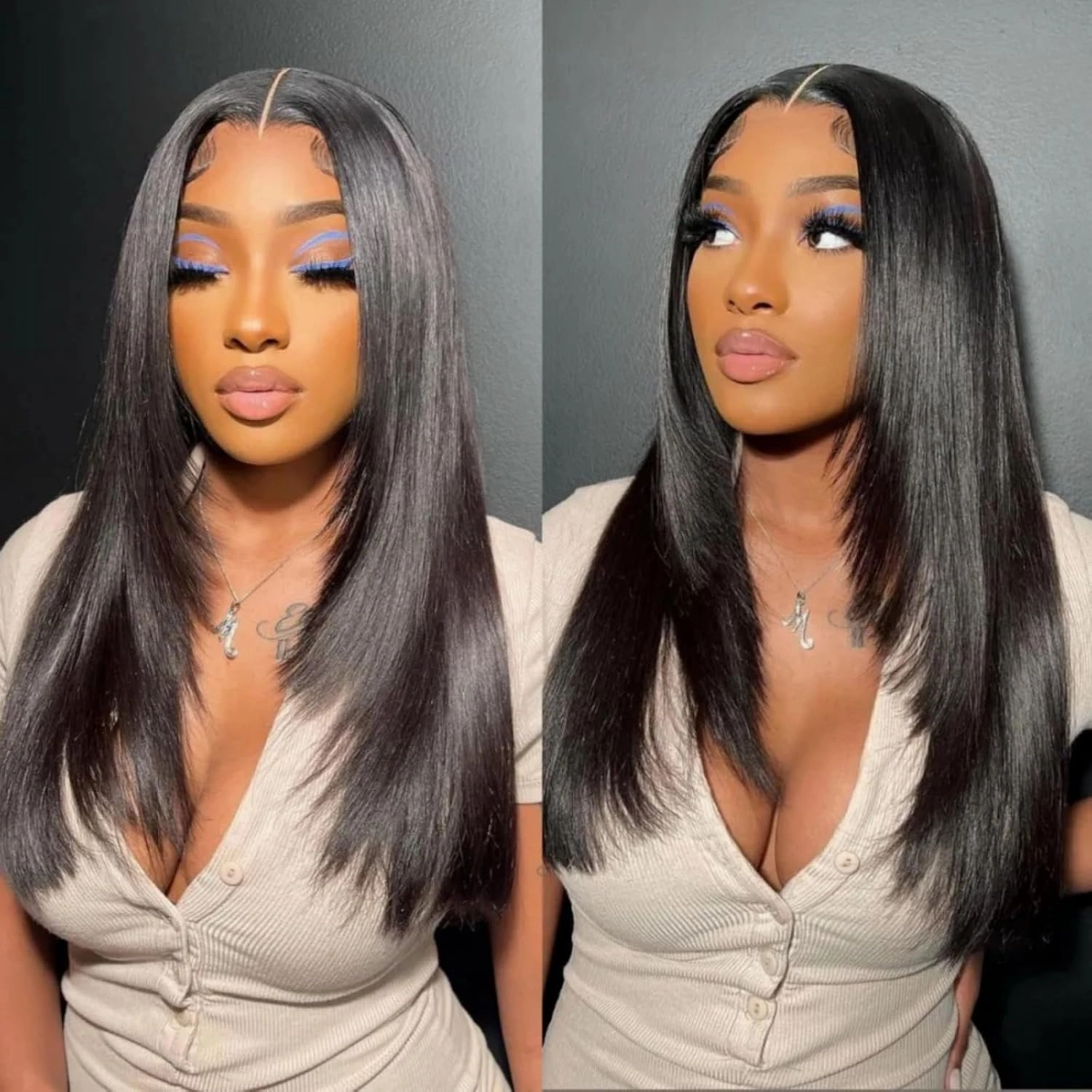 Natural Black Straight Layered Wig 13x4 Synthetic Lace Front Wig with Pre Plucked Natural Hairline Long Hair for Women Glueless Heat Resistant Fiber Lace Wigs 22inch