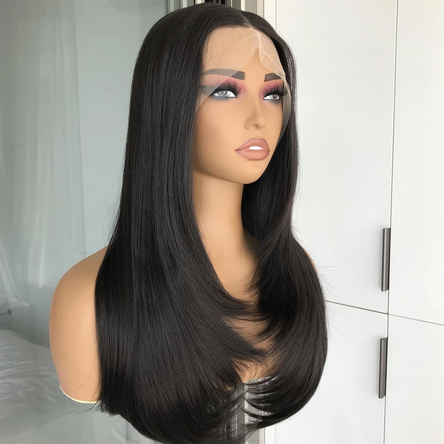 Natural Black Straight Layered Wig 13x4 Synthetic Lace Front Wig with Pre Plucked Natural Hairline Long Hair for Women Glueless Heat Resistant Fiber Lace Wigs 22inch