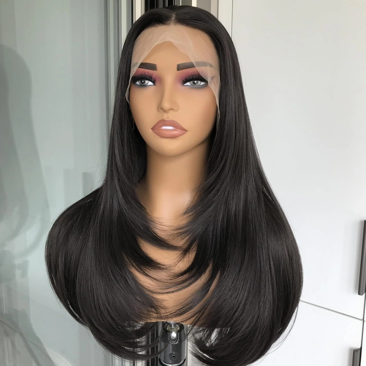 Natural Black Straight Layered Wig 13x4 Synthetic Lace Front Wig with Pre Plucked Natural Hairline Long Hair for Women Glueless Heat Resistant Fiber Lace Wigs 22inch