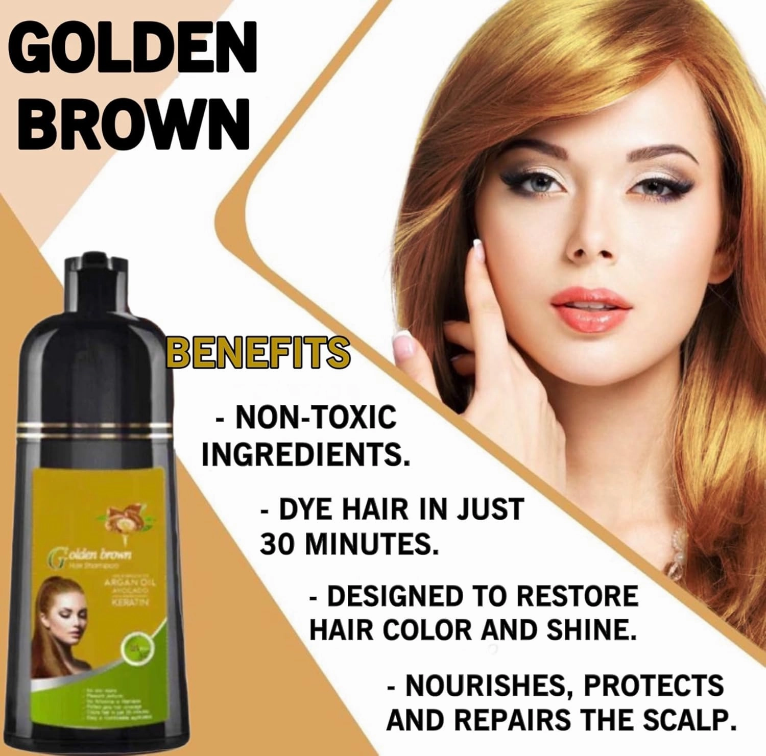 Natural Hair Dye Shampoo 3 in 1 - For Women & Men - Instant Coloring - Herbal Ingredients, Easy to Use & Long Lasting Color (Golden Brown)