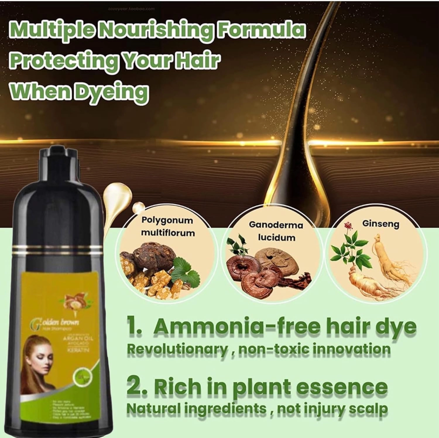 Natural Hair Dye Shampoo 3 in 1 - For Women & Men - Instant Coloring - Herbal Ingredients, Easy to Use & Long Lasting Color (Golden Brown)
