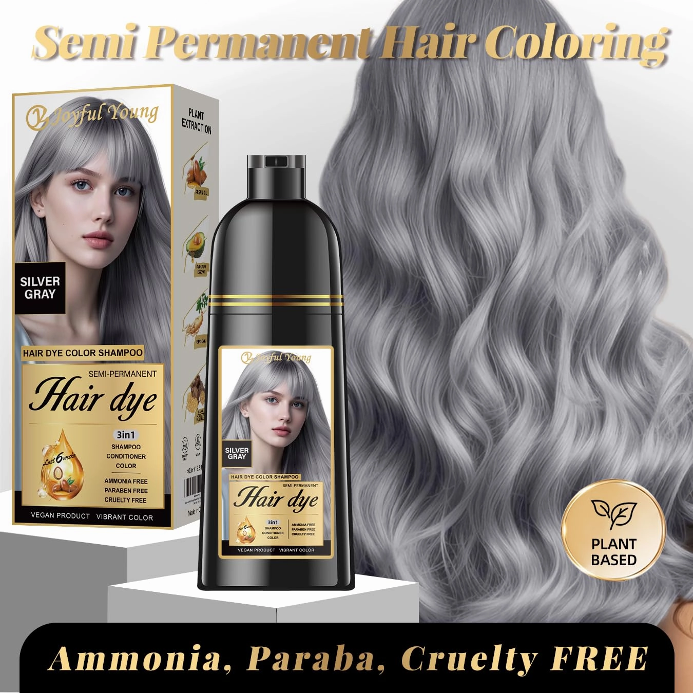 Natural Hair Dye Shampoo 3 IN 1, Gray Hair Coverage, Vegan, Ammonia-Free & Paraben-Free Hair Coloring Shampoo for Women Men, Beard Dye for Men, Nourishing Gentle (SILVER GRAY)