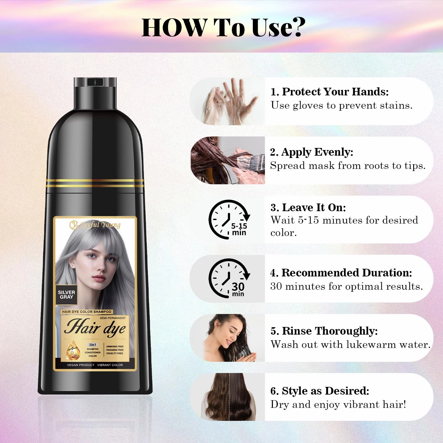 Natural Hair Dye Shampoo 3 IN 1, Gray Hair Coverage, Vegan, Ammonia-Free & Paraben-Free Hair Coloring Shampoo for Women Men, Beard Dye for Men, Nourishing Gentle (SILVER GRAY)