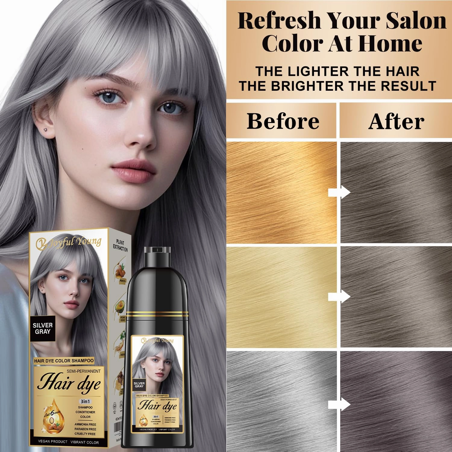 Natural Hair Dye Shampoo 3 IN 1, Gray Hair Coverage, Vegan, Ammonia-Free & Paraben-Free Hair Coloring Shampoo for Women Men, Beard Dye for Men, Nourishing Gentle (SILVER GRAY)