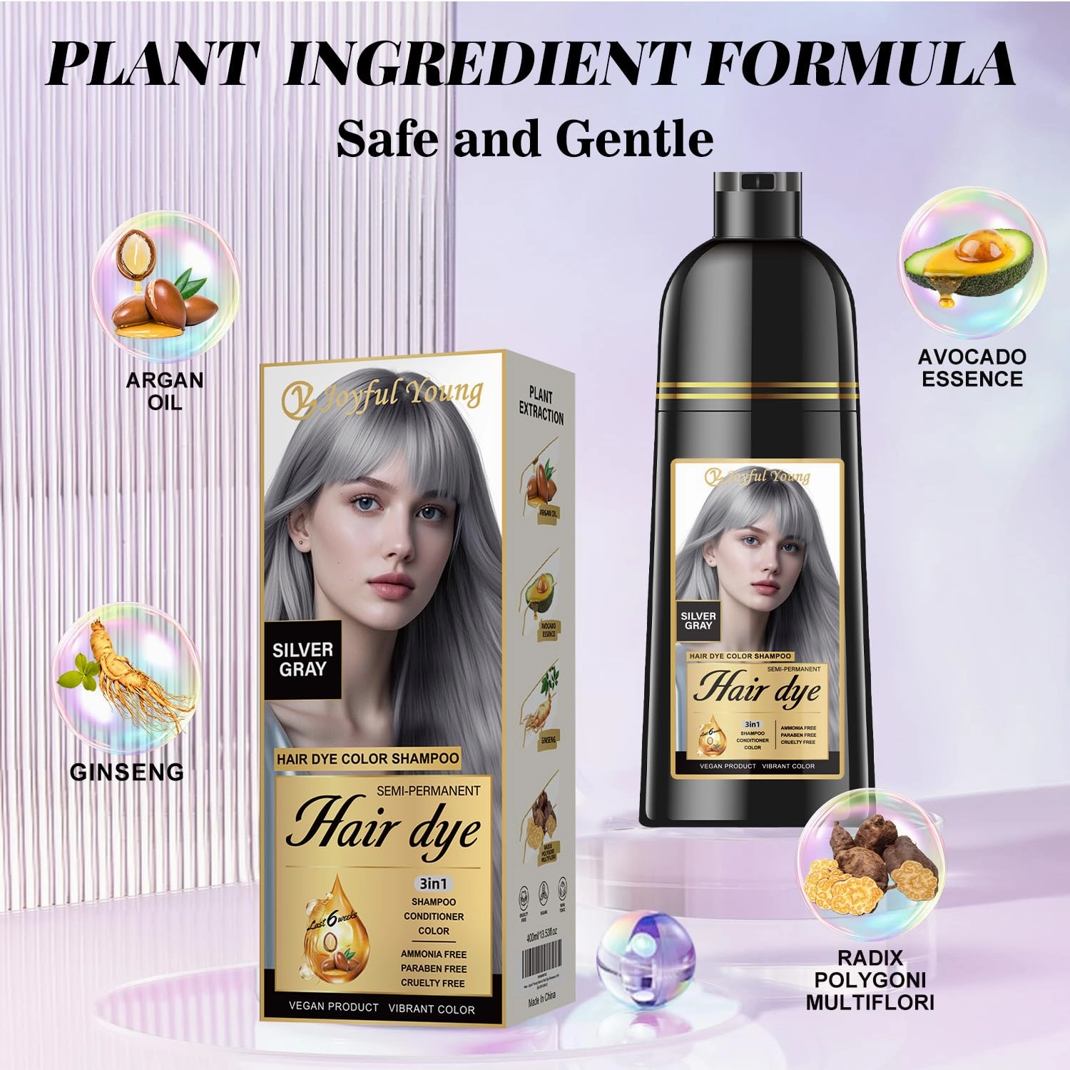 Natural Hair Dye Shampoo 3 IN 1, Gray Hair Coverage, Vegan, Ammonia-Free & Paraben-Free Hair Coloring Shampoo for Women Men, Beard Dye for Men, Nourishing Gentle (SILVER GRAY)