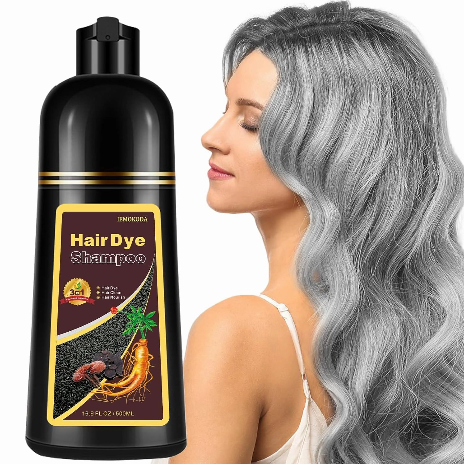 Natural Silver Gray Hair Color Shampoo, 16.9 Fl Oz, 3-IN-1 Hair Dye , Nourishing & Dyeing for Men Women Colors in Minutes, Easy to Use