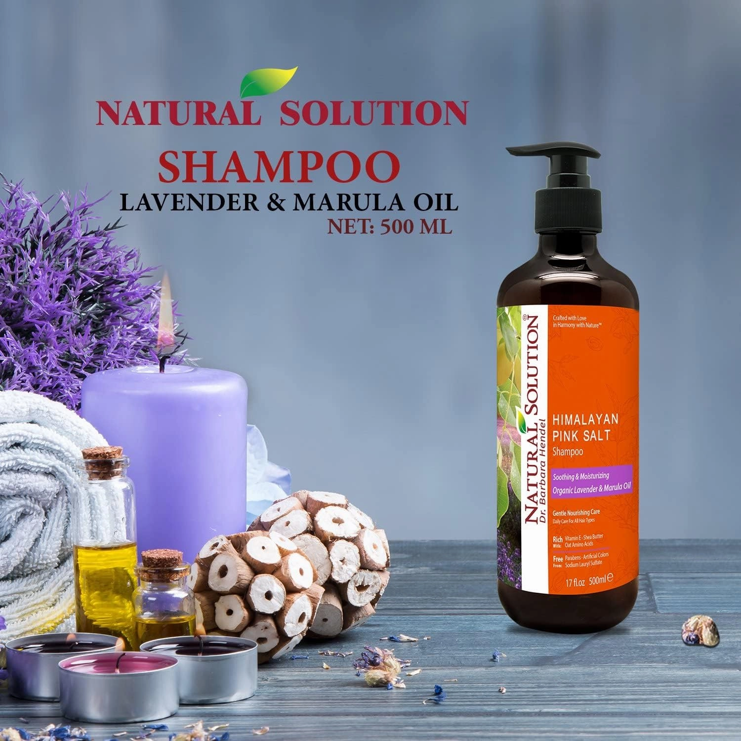 Natural Solution Shampoo with Organic Lavender & Marula Oil, Infused with Himalayan Pink Salt – Soothing, Moisturizing Daily Care for All Hair Types, 17 fl oz