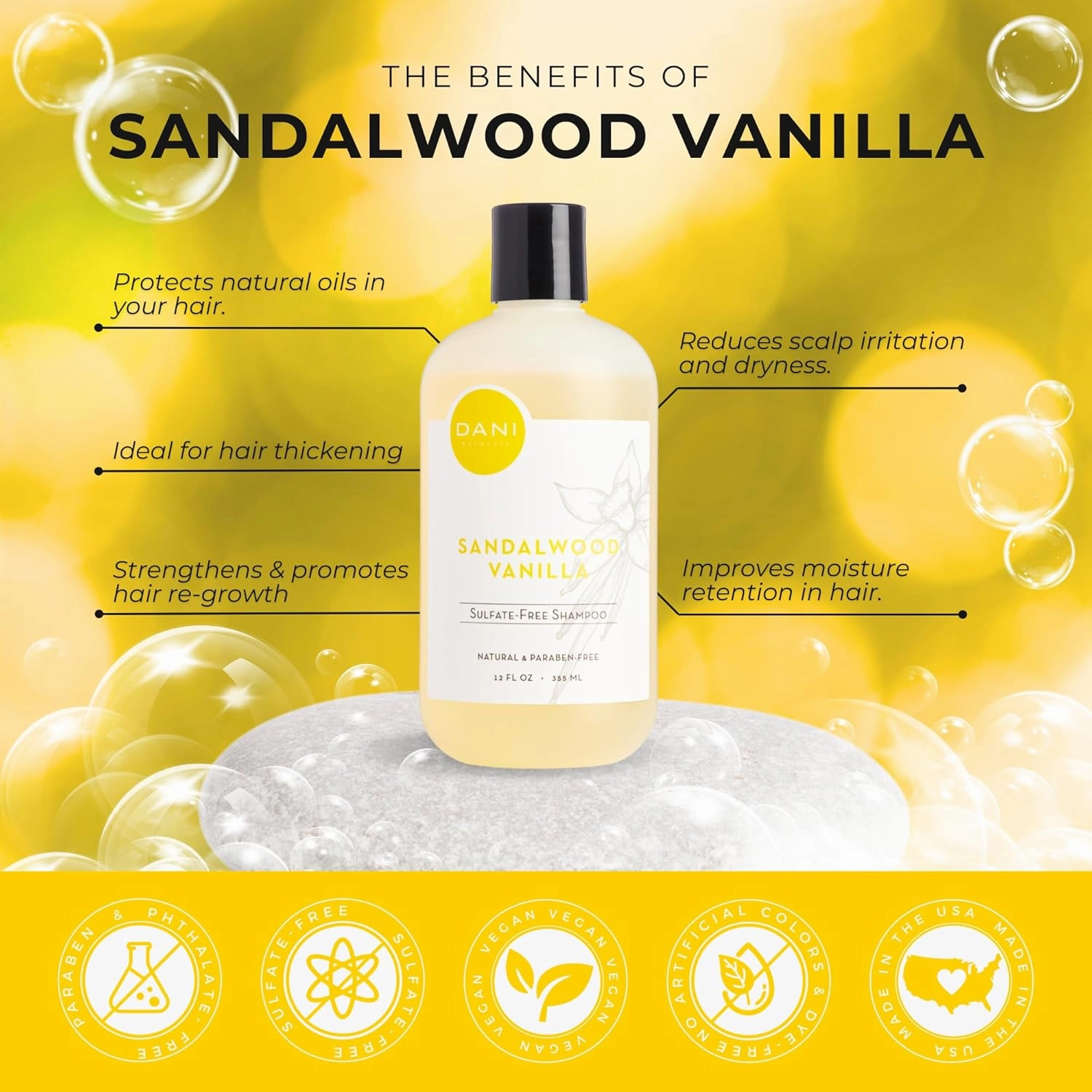 Naturals Shampoo with Sandalwood Vanilla Scent promotes hair thickening, strengthens follicles, and supports hair re-growth. Sulfate-free, nourishing, and soothing