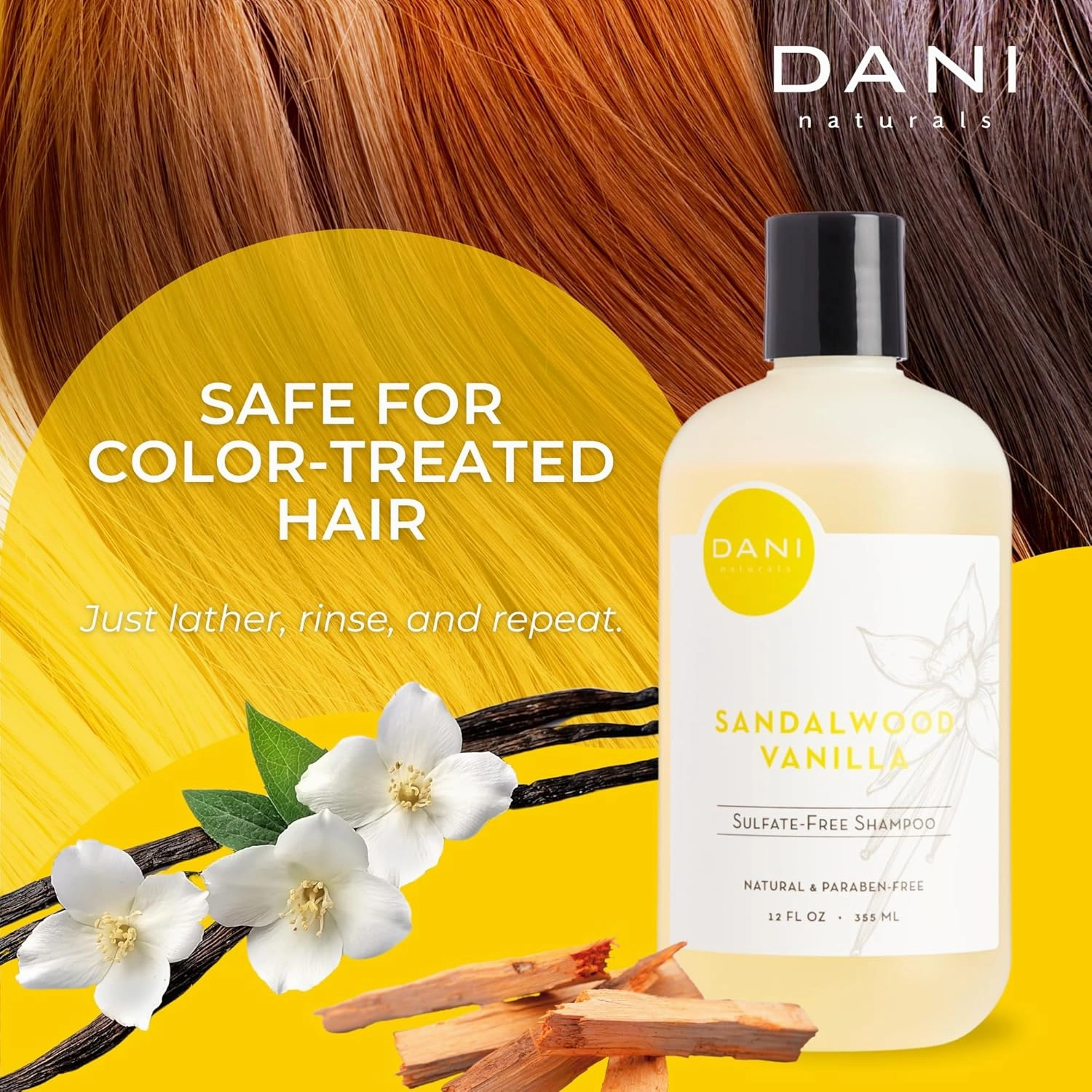 Naturals Shampoo with Sandalwood Vanilla Scent promotes hair thickening, strengthens follicles, and supports hair re-growth. Sulfate-free, nourishing, and soothing