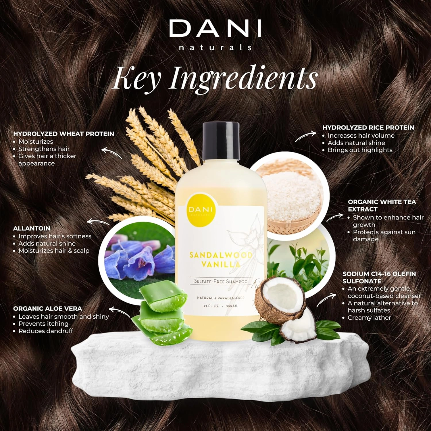 Naturals Shampoo with Sandalwood Vanilla Scent promotes hair thickening, strengthens follicles, and supports hair re-growth. Sulfate-free, nourishing, and soothing