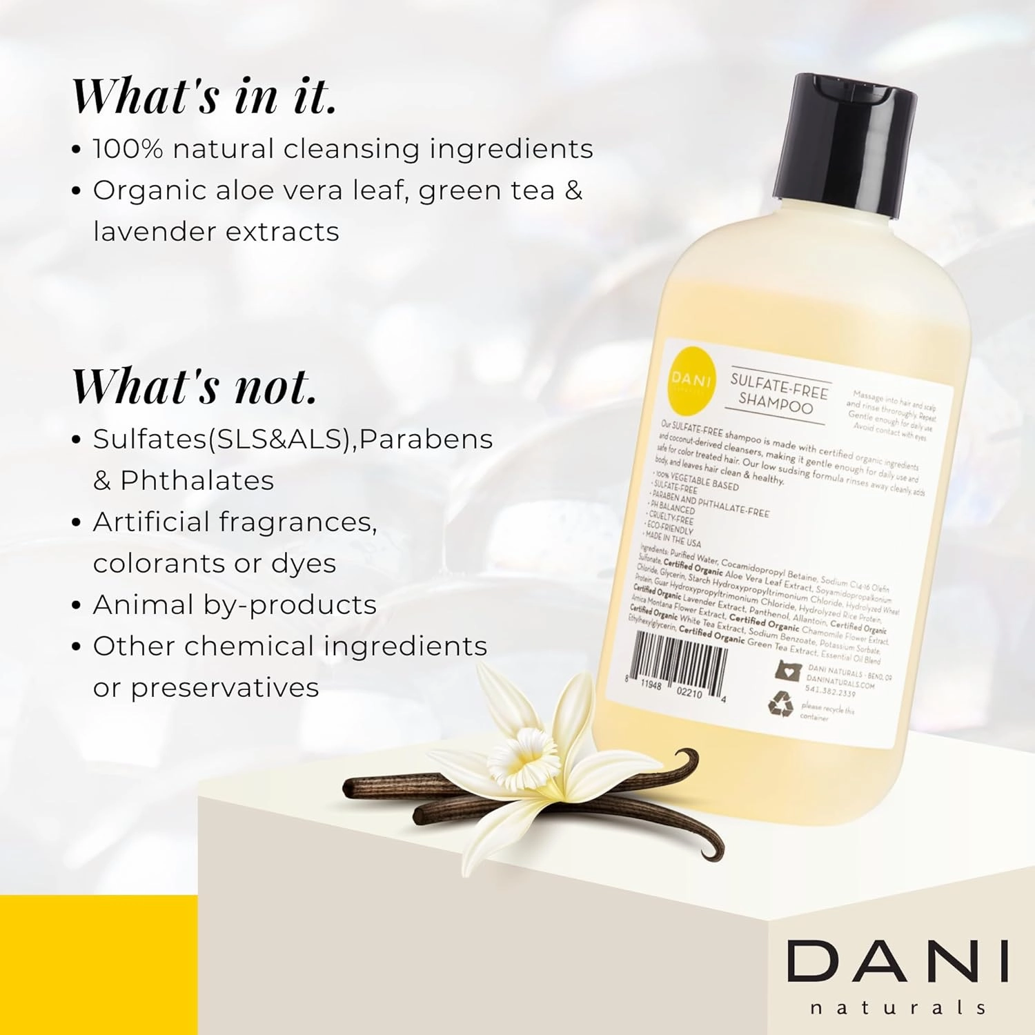 Naturals Shampoo with Sandalwood Vanilla Scent promotes hair thickening, strengthens follicles, and supports hair re-growth. Sulfate-free, nourishing, and soothing