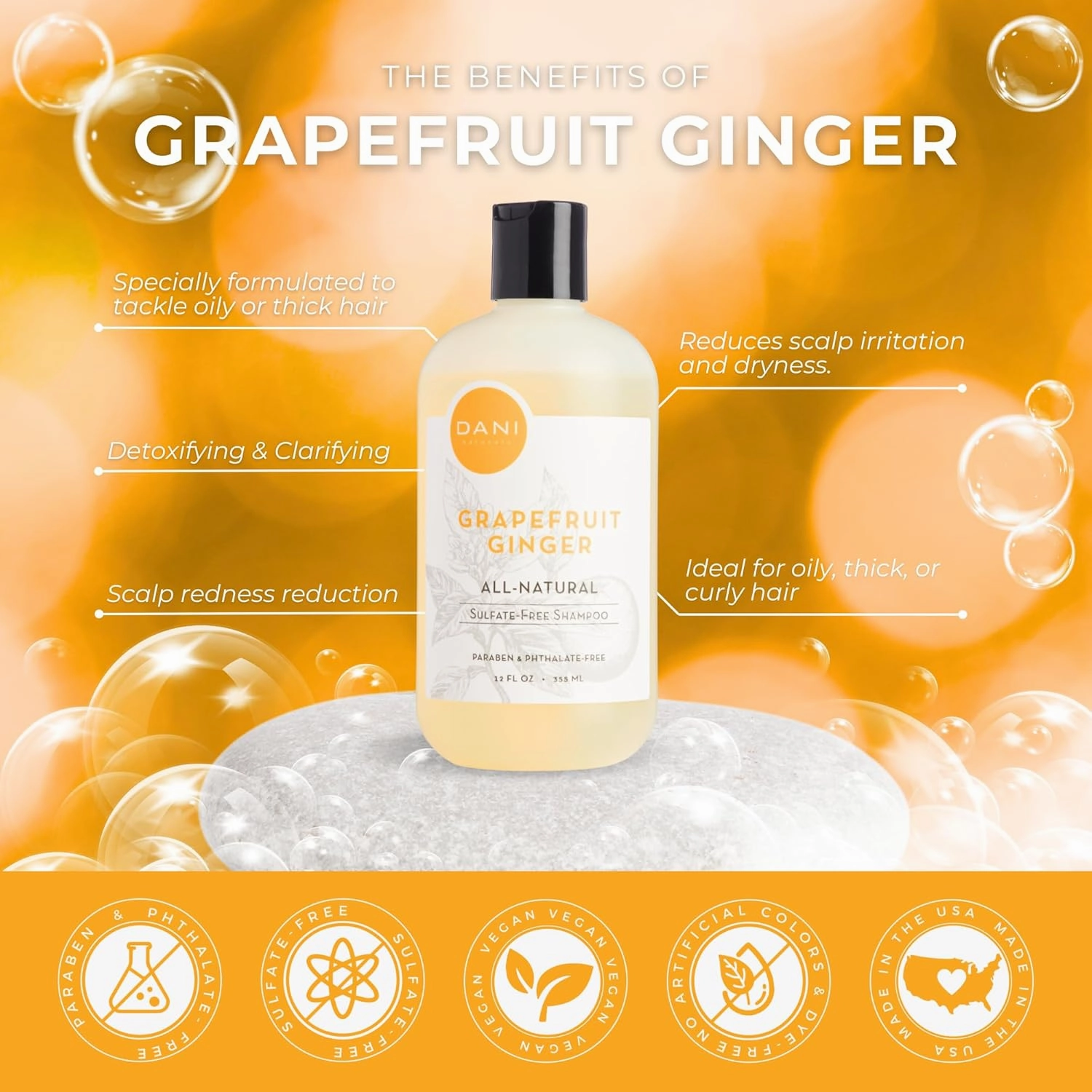 Naturals Sulfate-Free Shampoo - Grapefruit Ginger – Detoxifying & Clarifying Formula for Oily, Thick & Curly Hair, 12 oz – Nourishing, Vegan, & Color-Safe