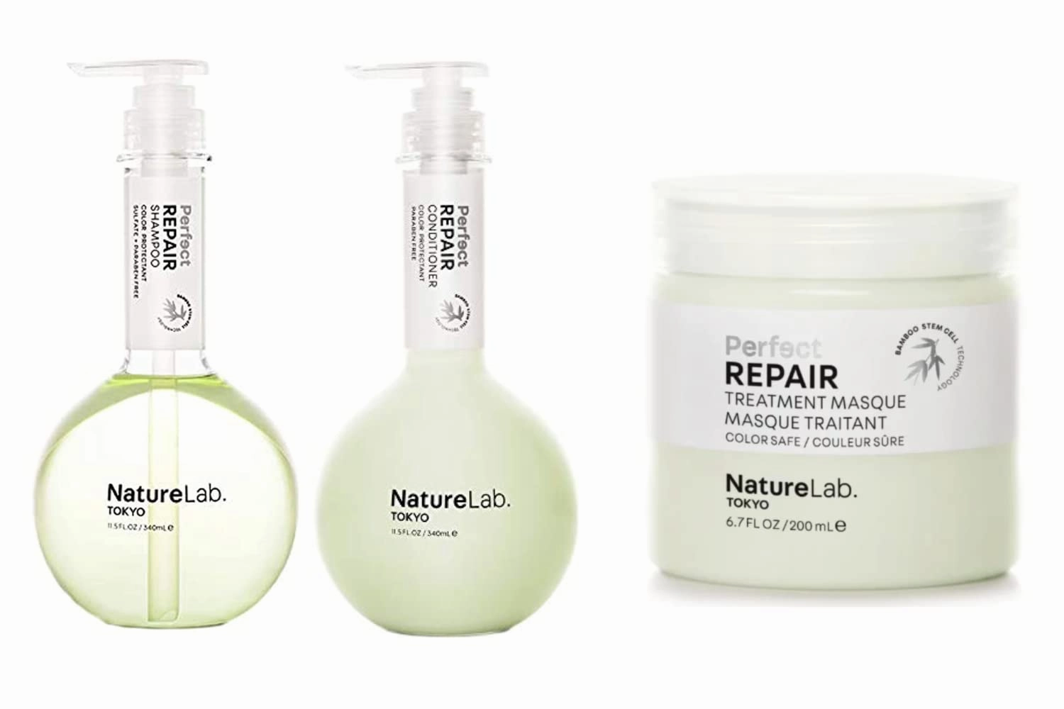 NATURELAB. TOKYO Perfect Repair Bundle: Shampoo 11.5 oz, Conditioner 11.5 oz & Treatment Masque 6.7 oz for Damaged Hair | $59 Value, Plant-Powered, Sulfate-Free, Color-Safe