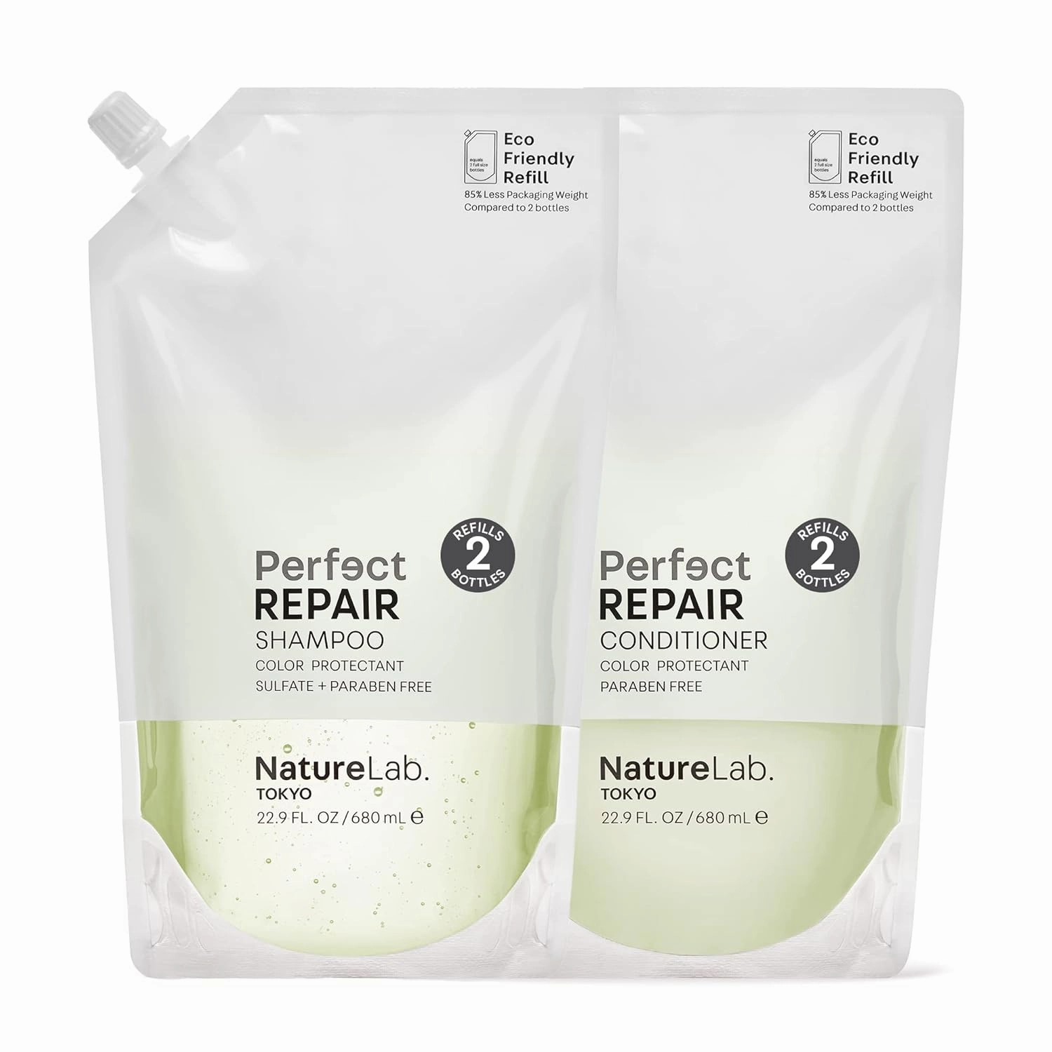 NATURELAB. TOKYO Perfect Repair Shampoo & Conditioner: Eco-Friendly Refill Pouch Duo: Replenish and Restore Damaged, Color Treated Hair and Strengthen New Hair I 22.9 FL OZ Each | $60 VALUE