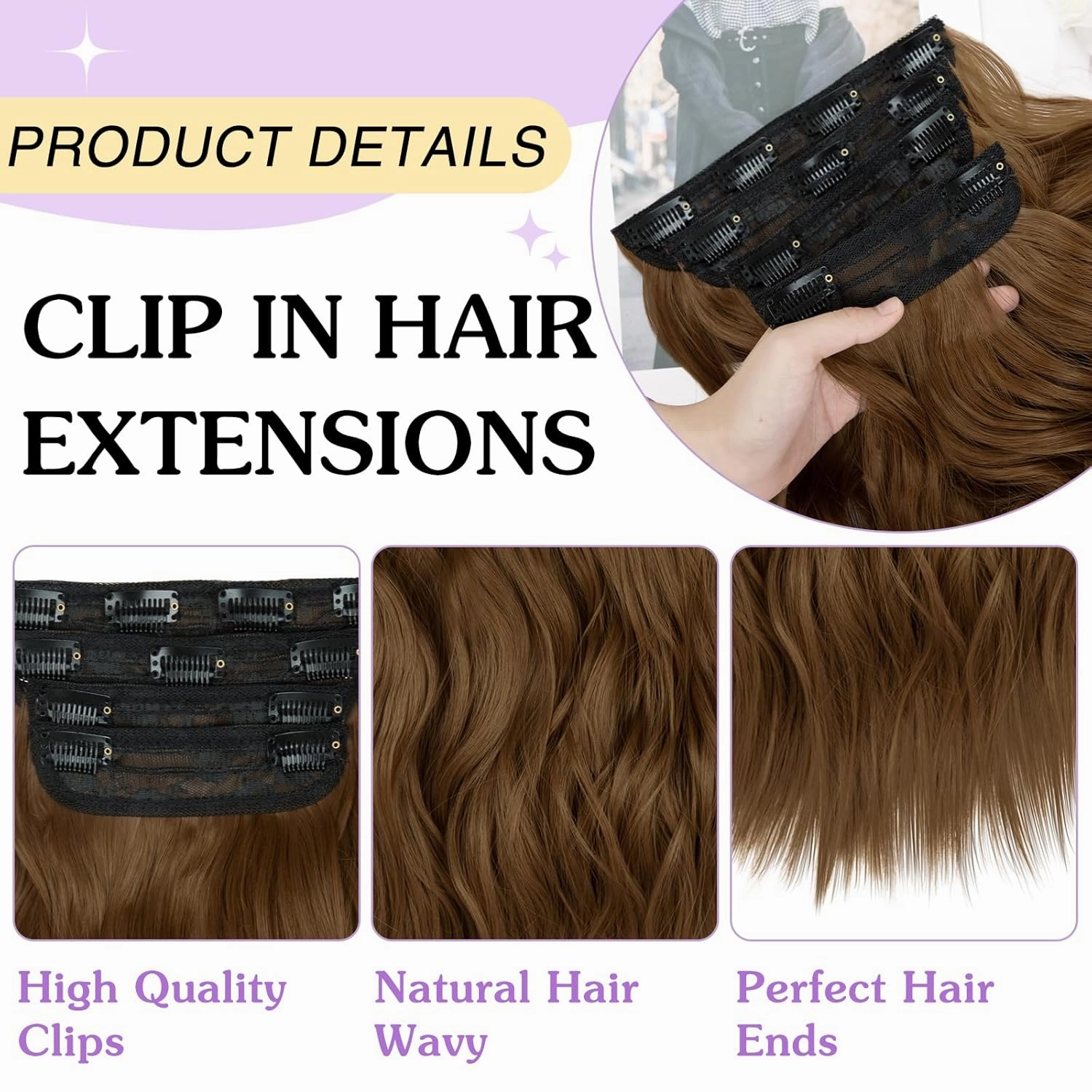 NAYOO 4PCS Clip in Hair Extensions Long Wavy Curly Synthetic Thick Hairpieces Chestnut Brown for Women with Fiber Double Weft Hair Full Head（20 Inch, Medium Brown）