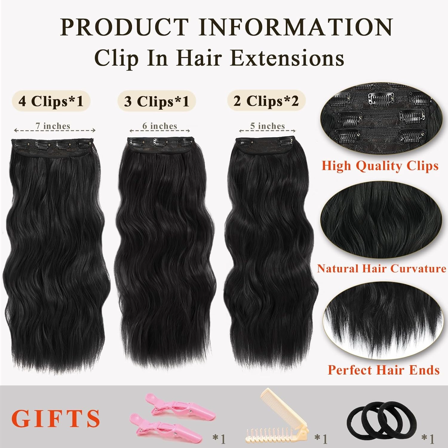 NAYOO Clip in Curly Hair Extensions 4PCS Long Wavy Synthetic Thick Hairpieces with Fiber Double Weft for Women Hair Full Head (24 Inch, Black)