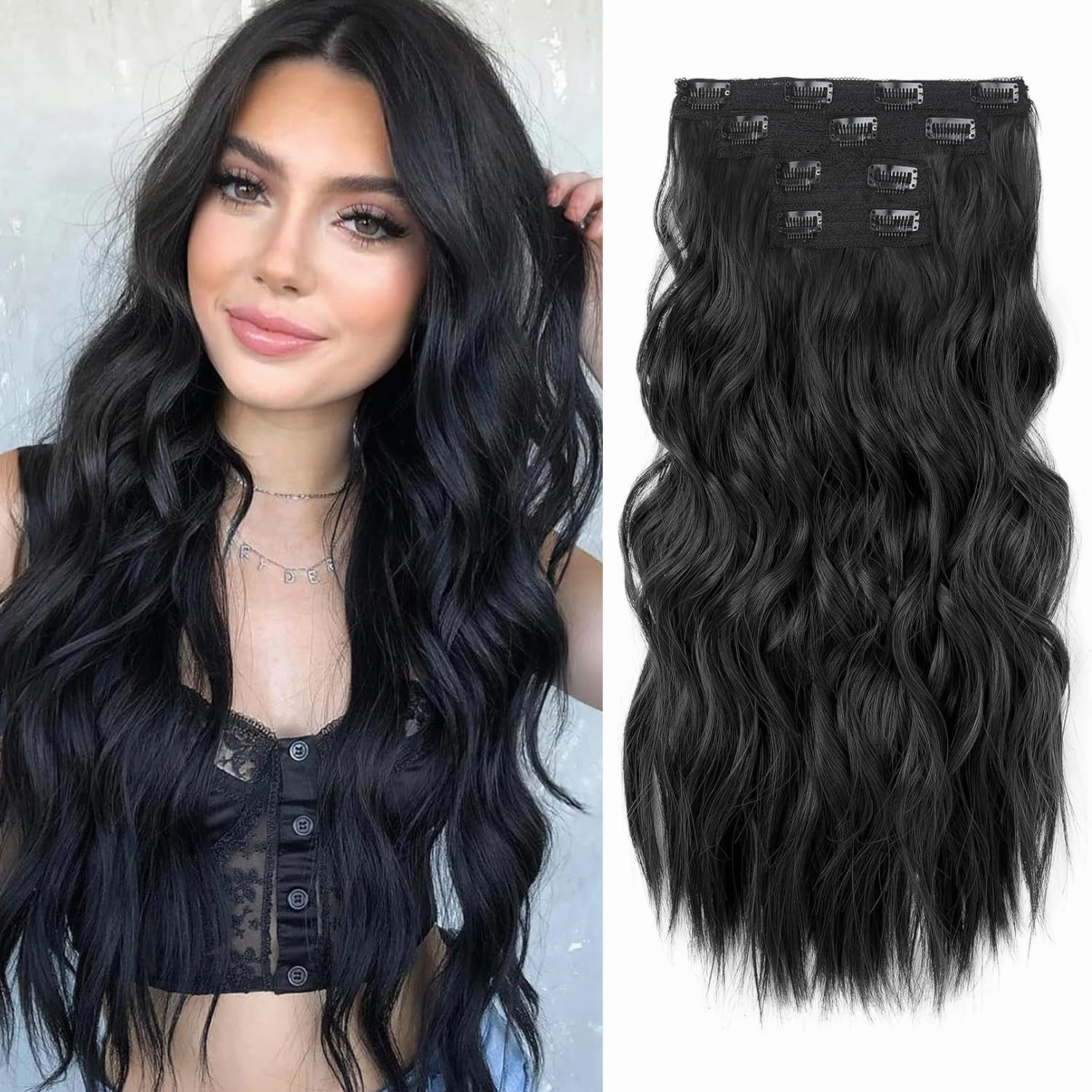 NAYOO Clip in Curly Hair Extensions 4PCS Long Wavy Synthetic Thick Hairpieces with Fiber Double Weft for Women Hair Full Head (24 Inch, Black)
