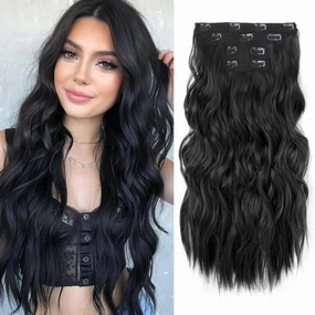 NAYOO Clip in Curly Hair Extensions 4PCS Long Wavy Synthetic Thick Hairpieces with Fiber Double Weft for Women Hair Full Head (24 Inch, Black)