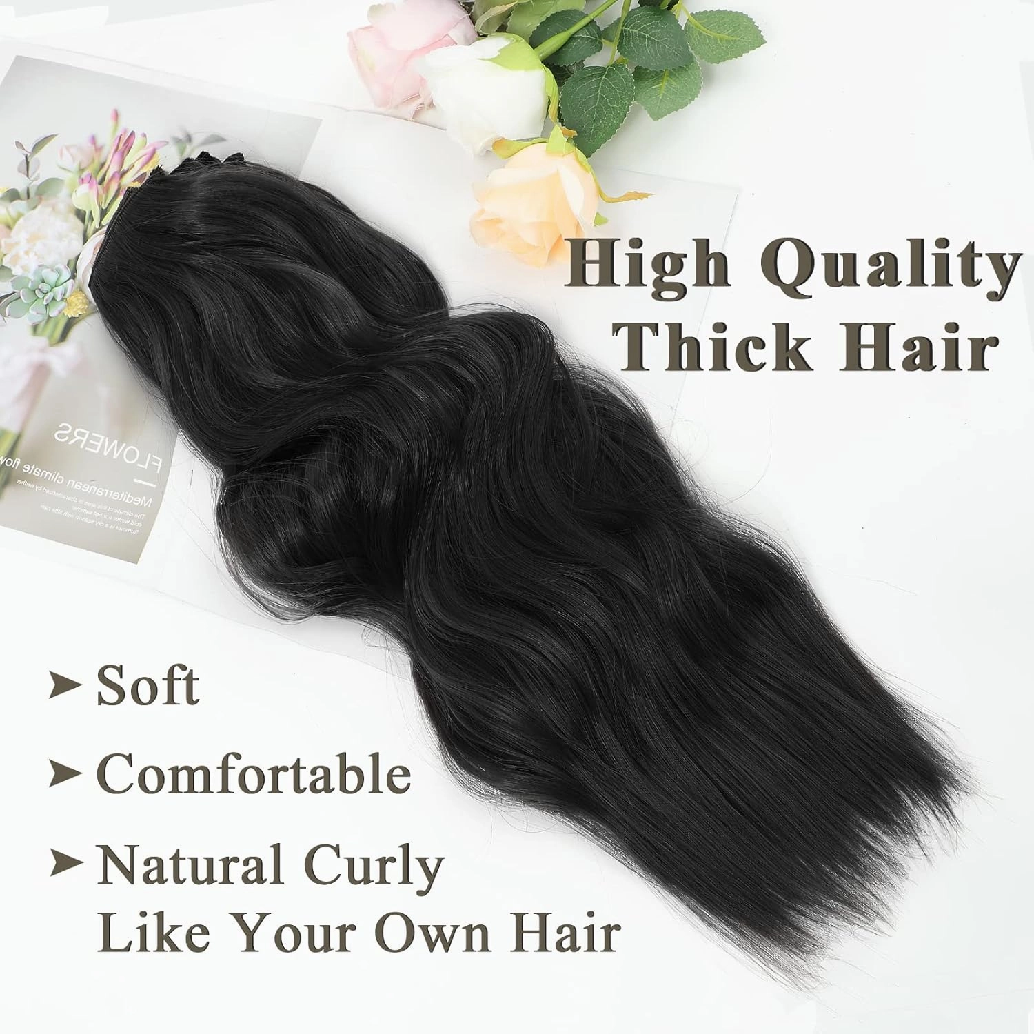 NAYOO Clip in Curly Hair Extensions 4PCS Long Wavy Synthetic Thick Hairpieces with Fiber Double Weft for Women Hair Full Head (24 Inch, Black)