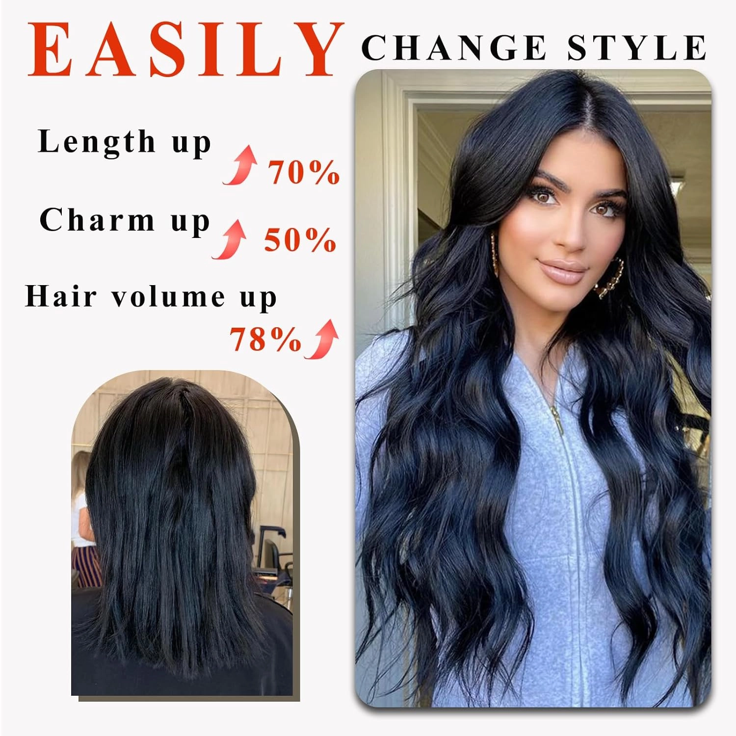 NAYOO Clip in Curly Hair Extensions 4PCS Long Wavy Synthetic Thick Hairpieces with Fiber Double Weft for Women Hair Full Head (24 Inch, Black)