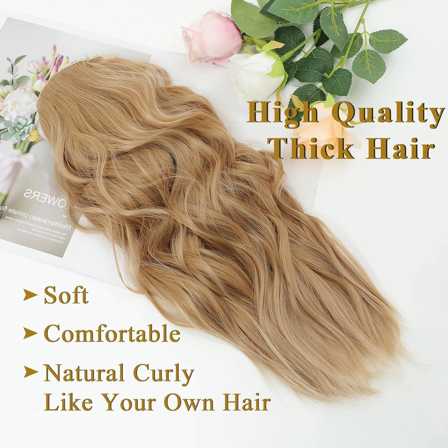 NAYOO Clip in Curly Hair Extensions 4PCS Long Wavy Synthetic Thick Hairpieces with Fiber Double Weft for Women Hair Full Head (24 Inch, Honey Blonde)