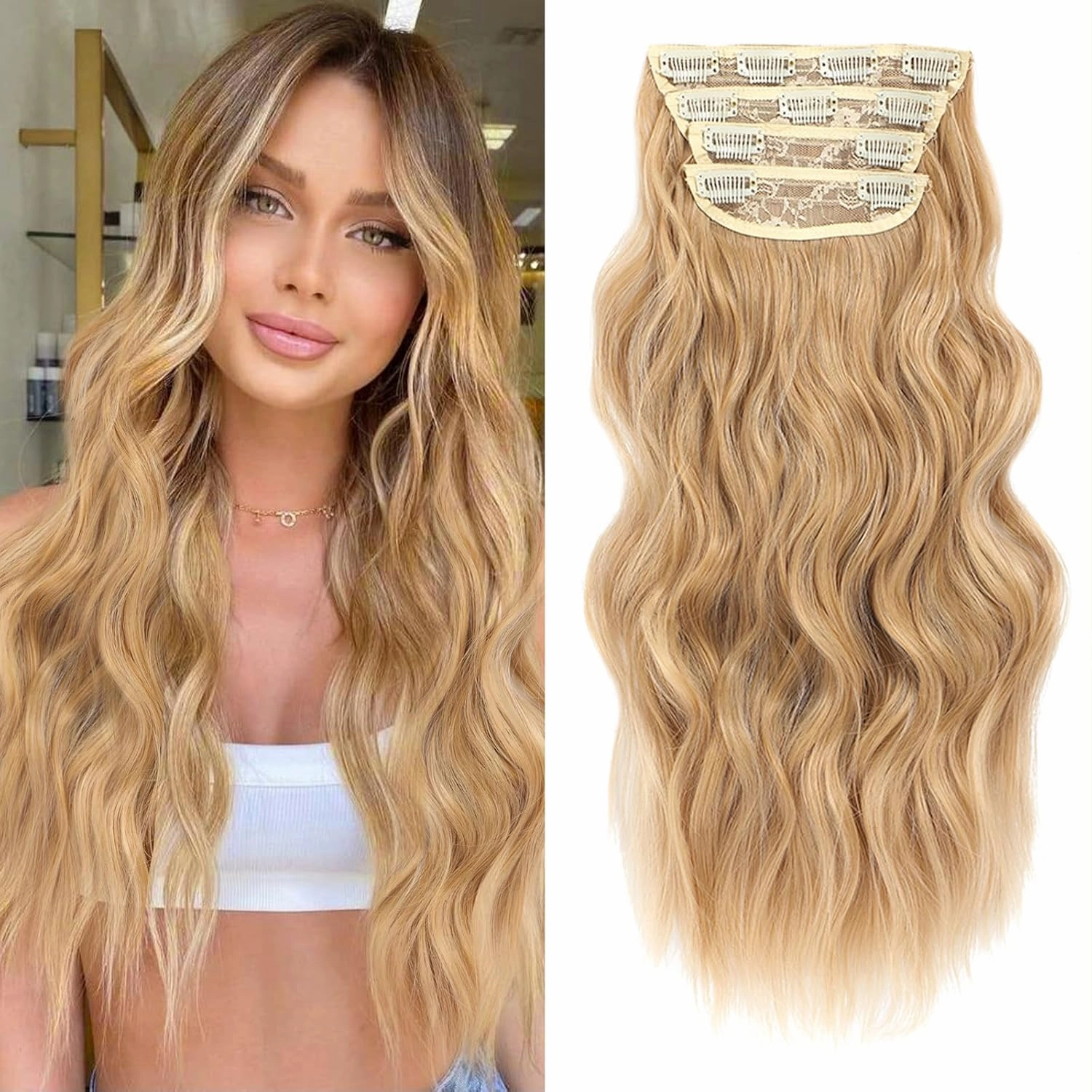 NAYOO Clip in Curly Hair Extensions 4PCS Long Wavy Synthetic Thick Hairpieces with Fiber Double Weft for Women Hair Full Head (24 Inch, Honey Blonde)
