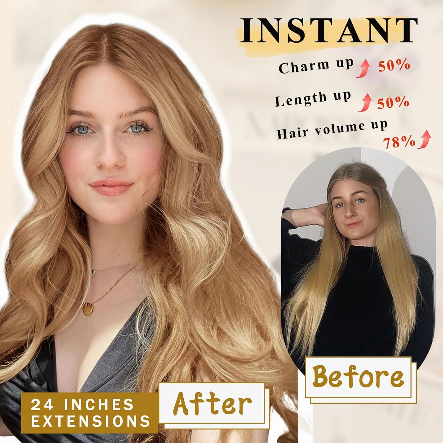 NAYOO Clip in Curly Hair Extensions 4PCS Long Wavy Synthetic Thick Hairpieces with Fiber Double Weft for Women Hair Full Head (24 Inch, Honey Blonde)
