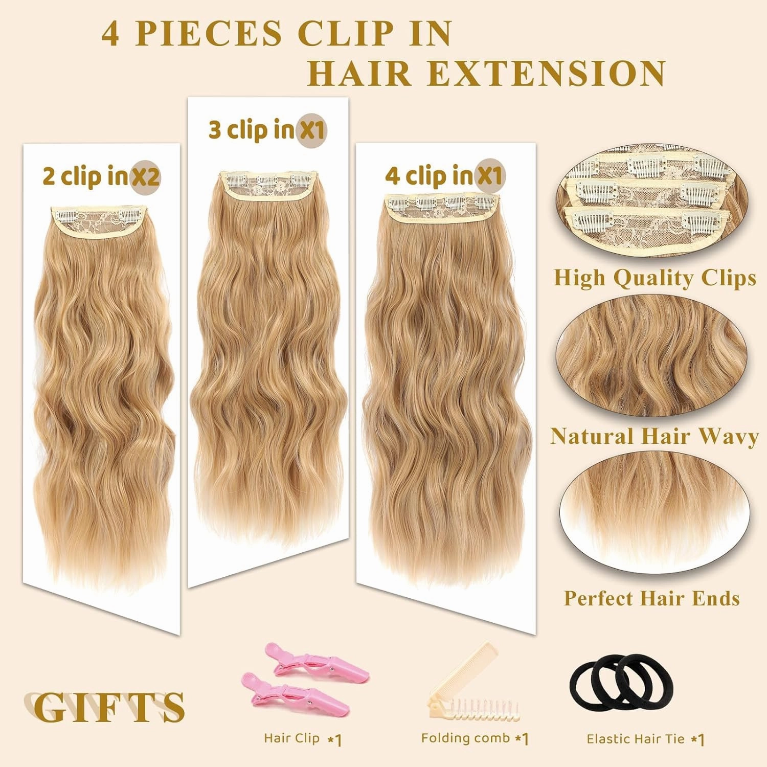 NAYOO Clip in Curly Hair Extensions 4PCS Long Wavy Synthetic Thick Hairpieces with Fiber Double Weft for Women Hair Full Head (24 Inch, Honey Blonde)
