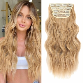 NAYOO Clip in Curly Hair Extensions 4PCS Long Wavy Synthetic Thick Hairpieces with Fiber Double Weft for Women Hair Full Head (24 Inch, Honey Blonde)