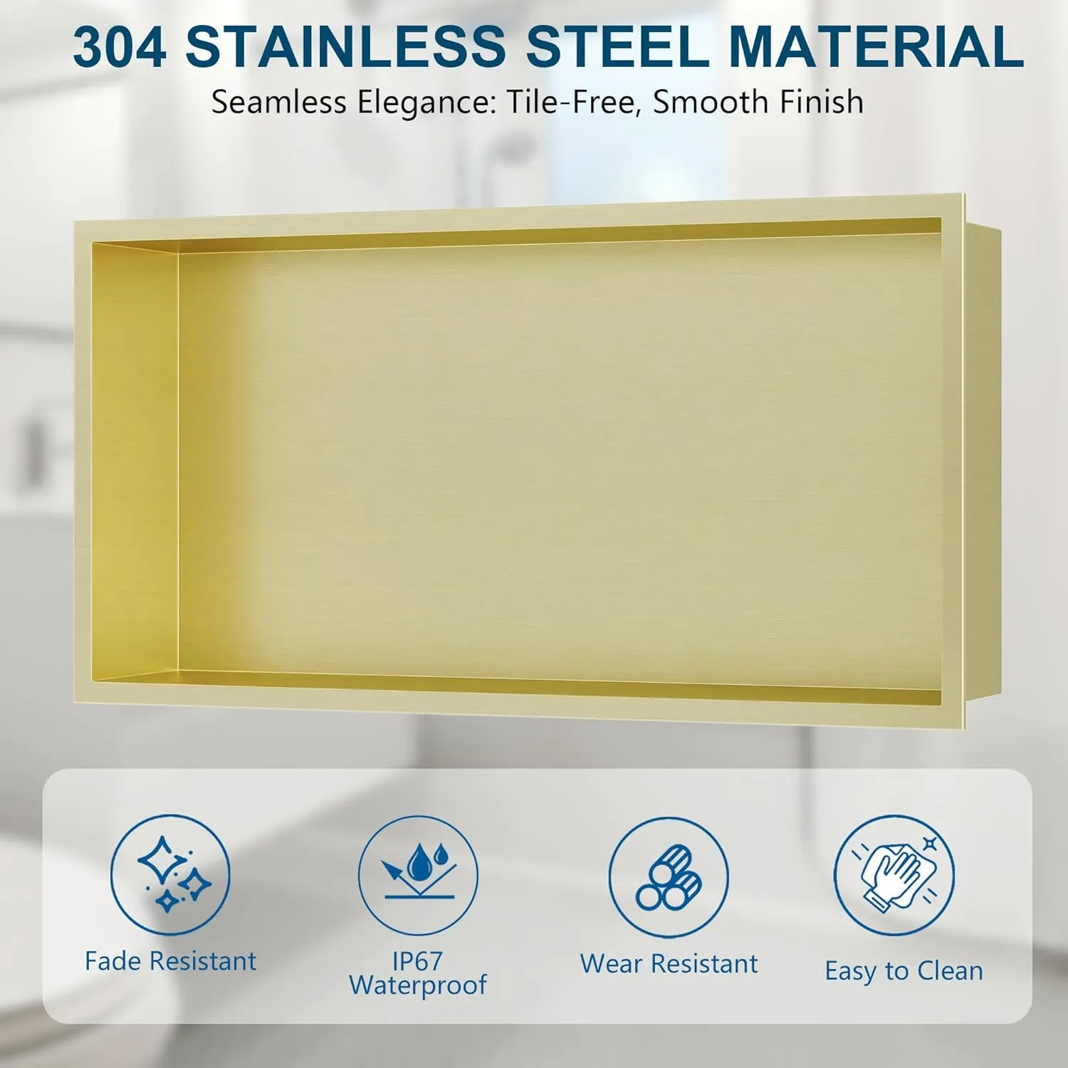 Neodrain No Tile Shower Niche, Golden Stainless Steel Wall Niche 25.1"X13.1"(Inner Size 24"X12"), NO Tile Needed Recessed Cabinet for Bathroom Storage, Waterproof Cubby