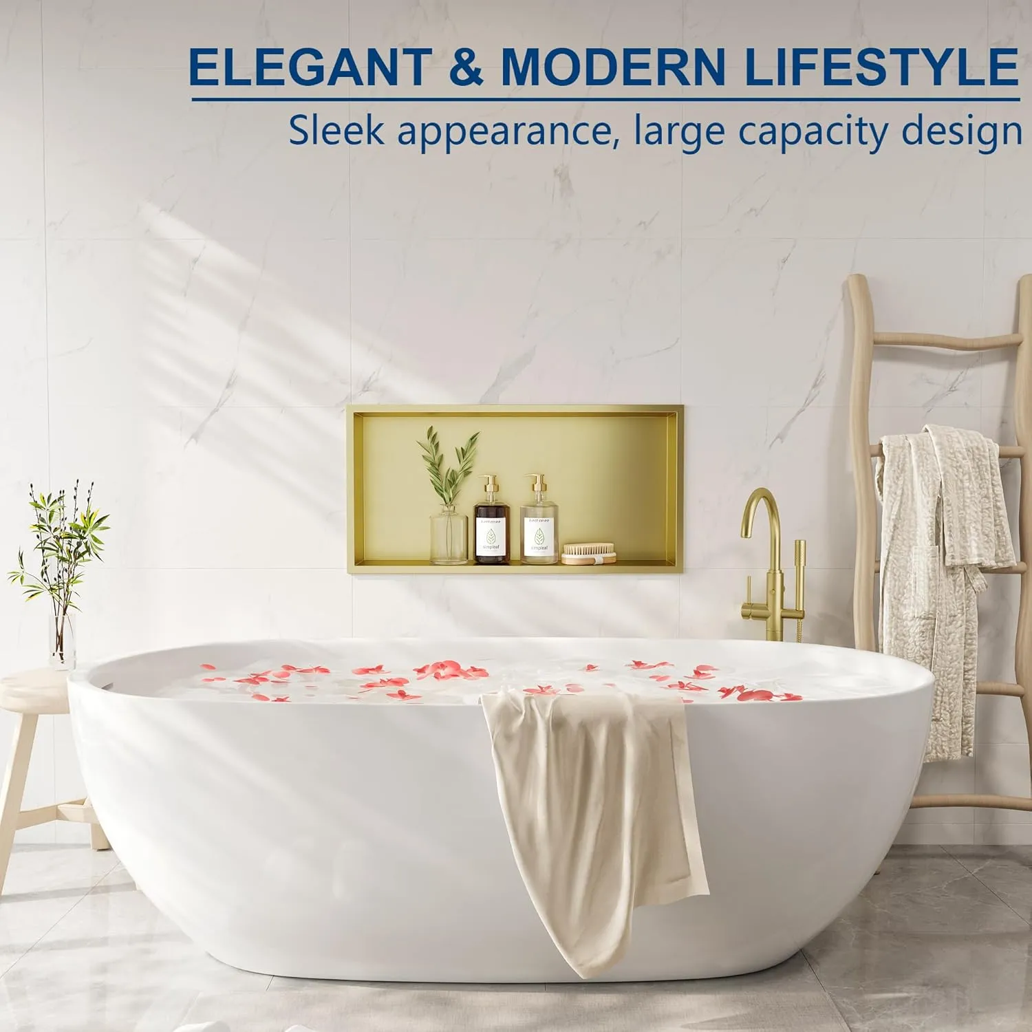 Neodrain No Tile Shower Niche, Golden Stainless Steel Wall Niche 25.1"X13.1"(Inner Size 24"X12"), NO Tile Needed Recessed Cabinet for Bathroom Storage, Waterproof Cubby