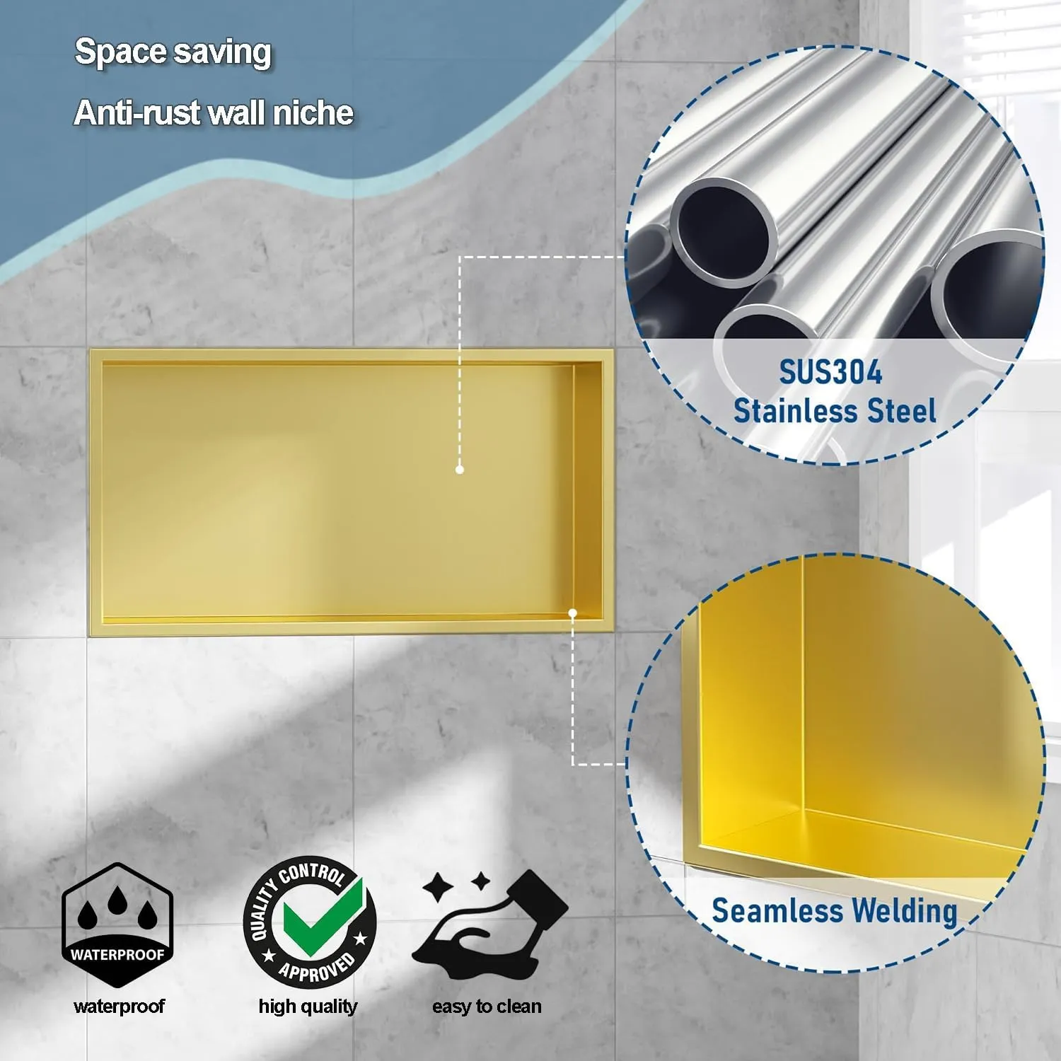Neodrain No Tile Shower Niche, Golden Stainless Steel Wall Niche 25.1"X13.1"(Inner Size 24"X12"), NO Tile Needed Recessed Cabinet for Bathroom Storage, Waterproof Cubby