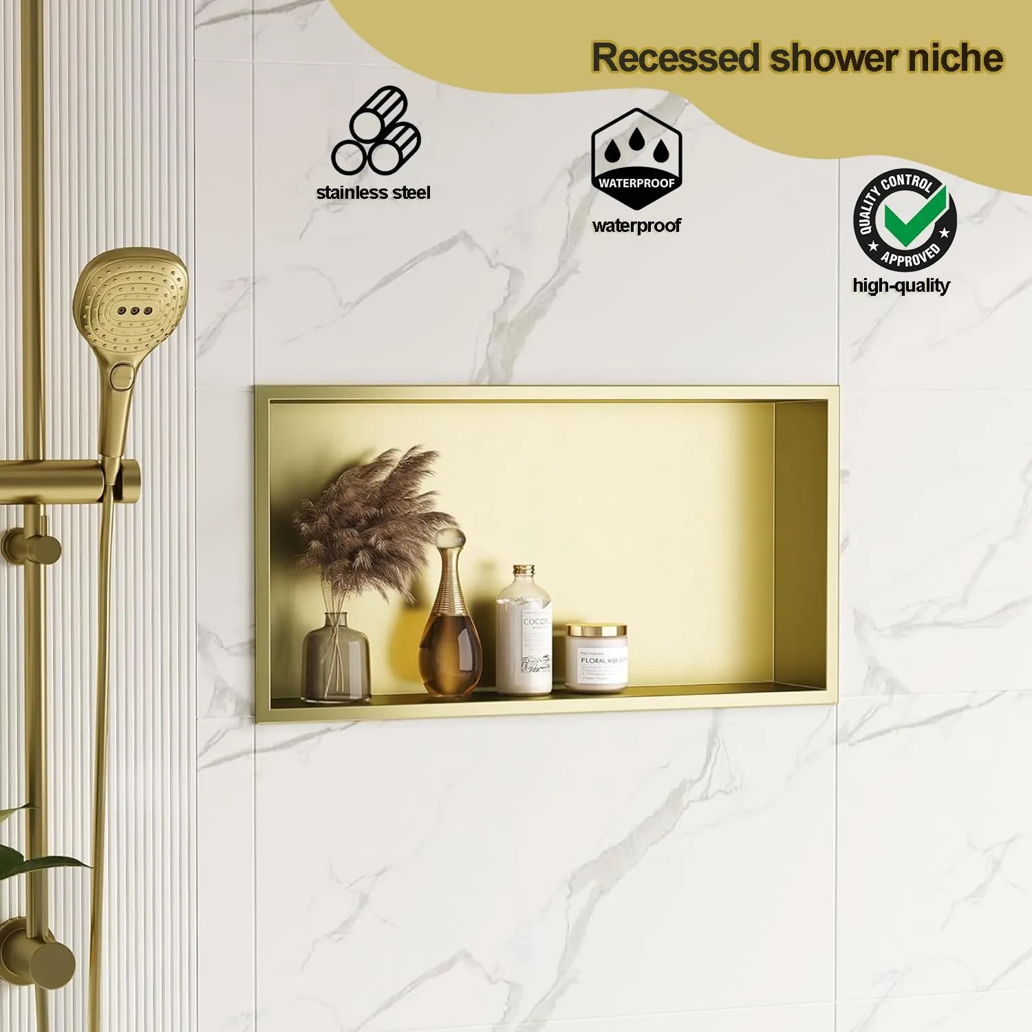Neodrain No Tile Shower Niche, Golden Stainless Steel Wall Niche 25.1"X13.1"(Inner Size 24"X12"), NO Tile Needed Recessed Cabinet for Bathroom Storage, Waterproof Cubby