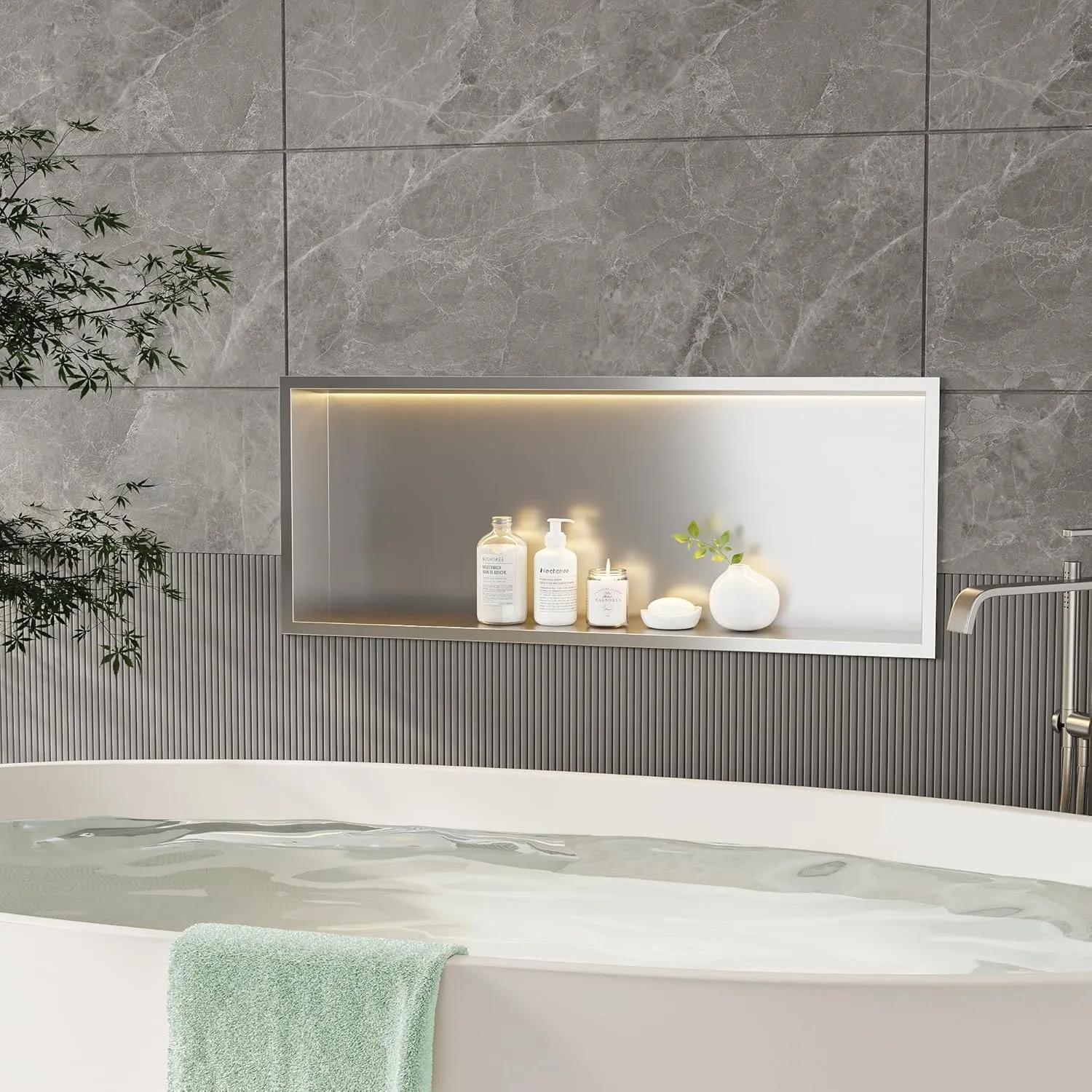 Neodrain Recessed LED Shower Niche, Brushed 30X12 in Waterproof Stainless Steel Wall Niche, 3000K LED Strip No Tile Needed Cabinet for Bathroom Storage