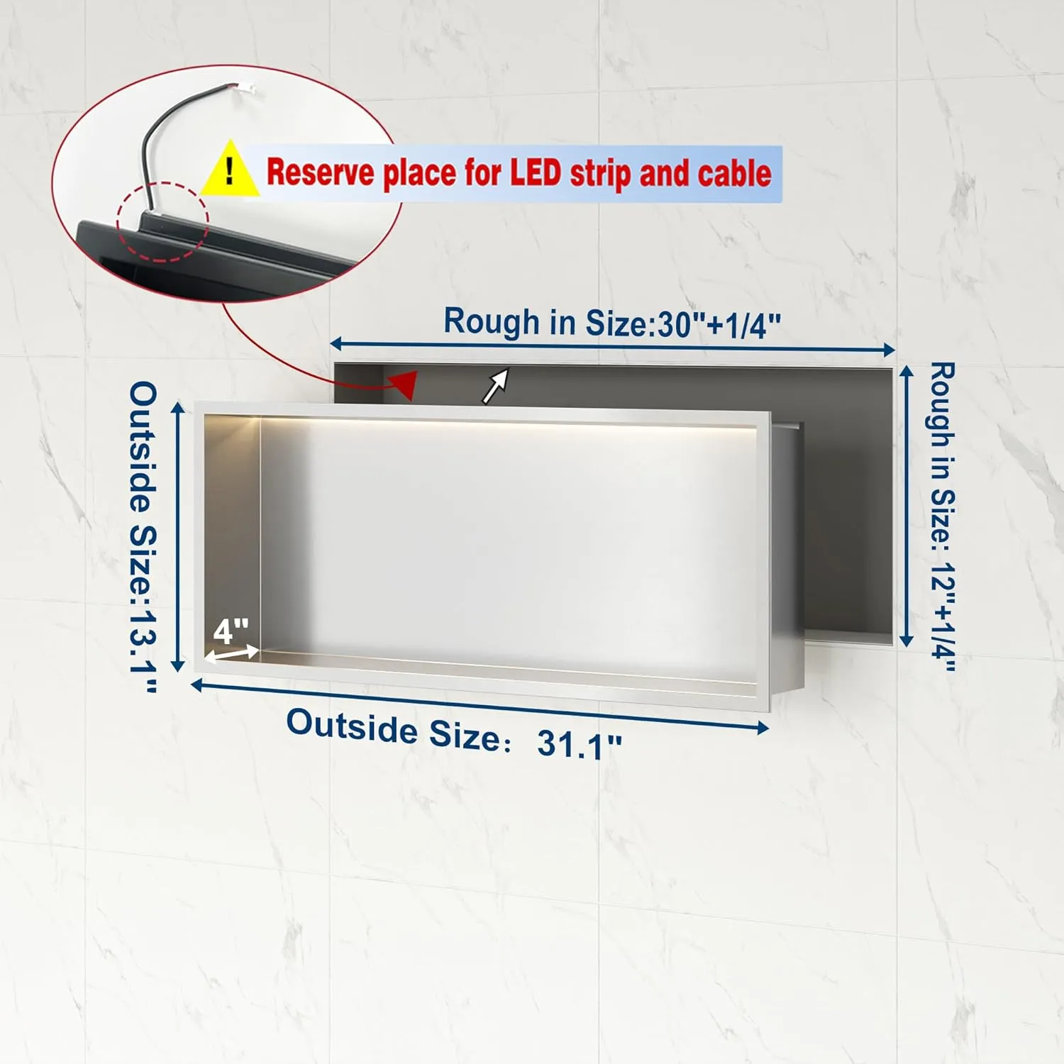 Neodrain Recessed LED Shower Niche, Brushed 30X12 in Waterproof Stainless Steel Wall Niche, 3000K LED Strip No Tile Needed Cabinet for Bathroom Storage